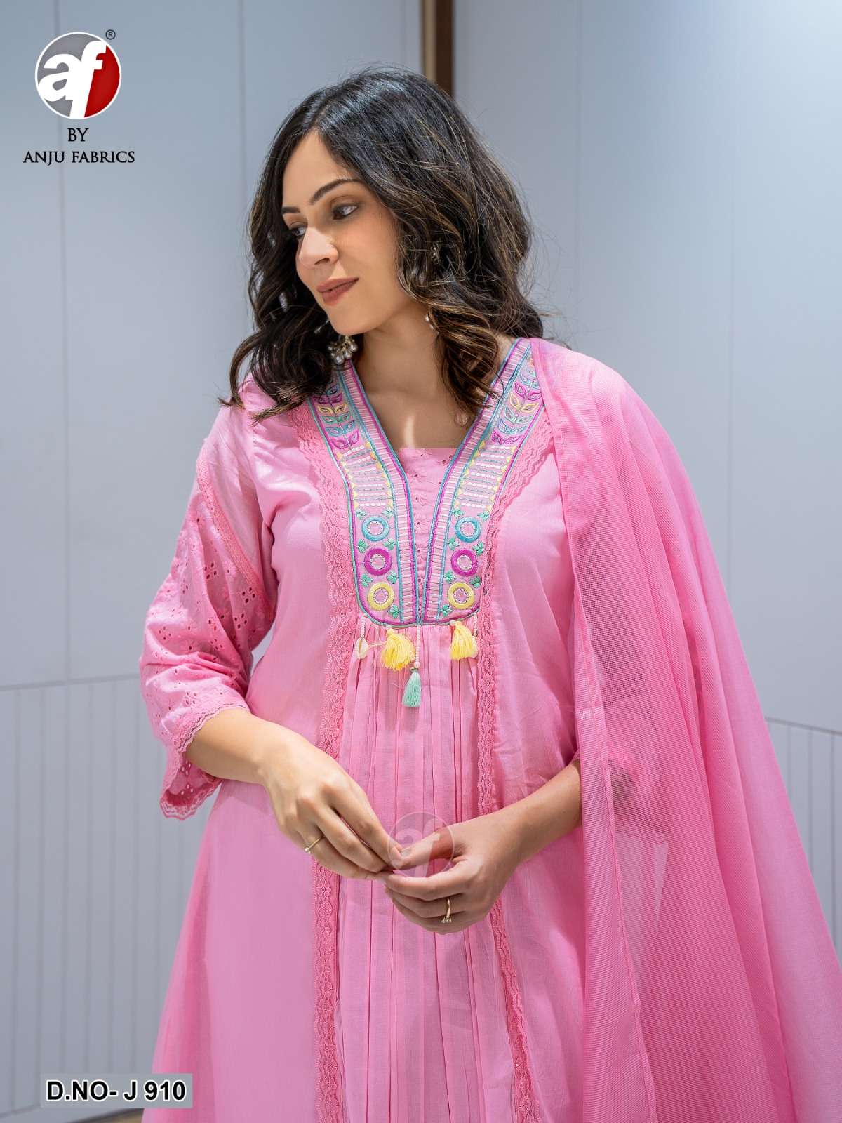 D.NO:- J 910 BY ANJU FABRICS IN PURE COTTON MUL WITH DESIGNER EMBROIDERY WORK 