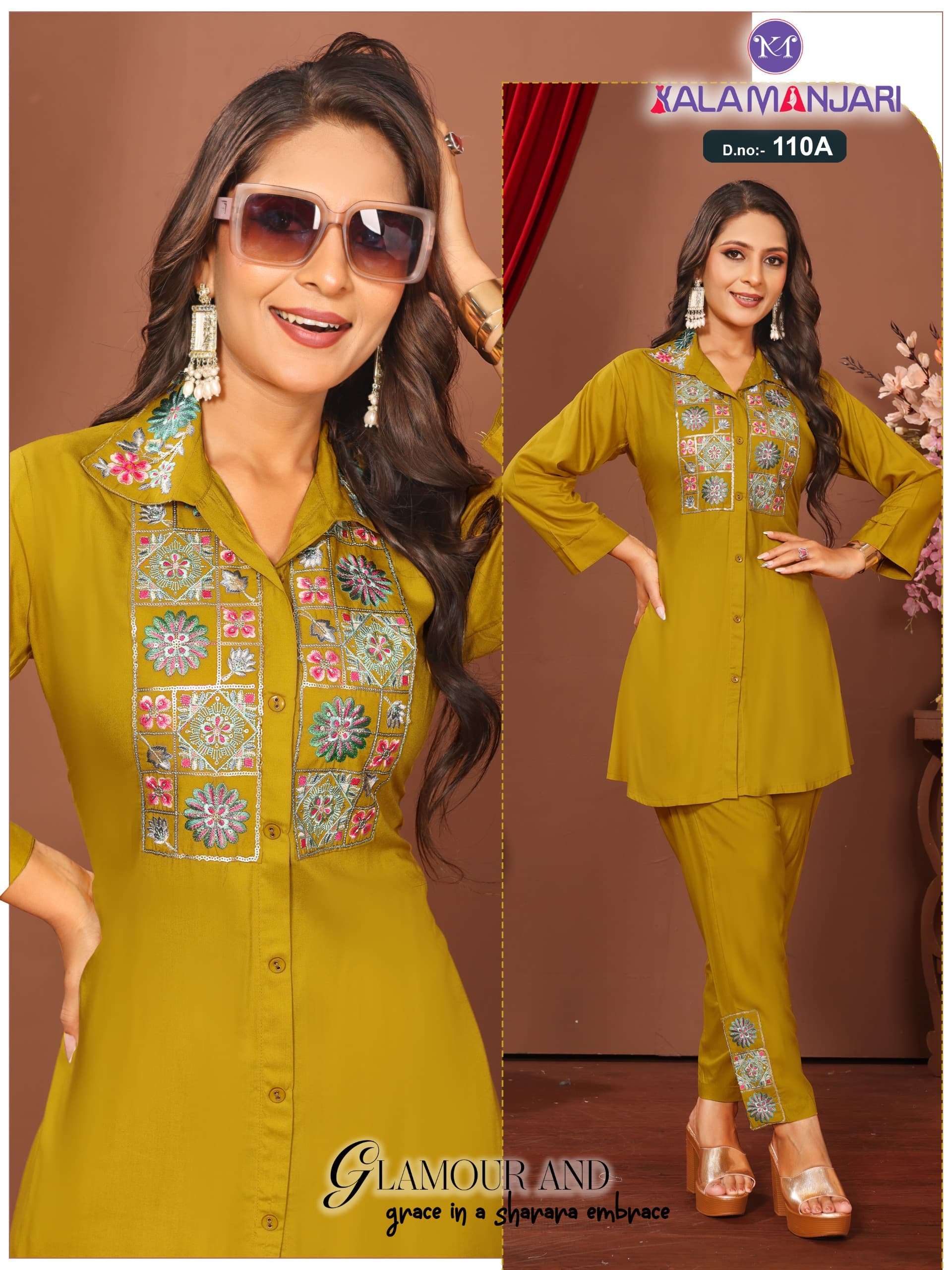 D.NO.KM-109 & 110 BY KALAMANJARI IN PREMIUM VISCOSE CO-ORD SET WITH SEQUENCE THREAD WORK 