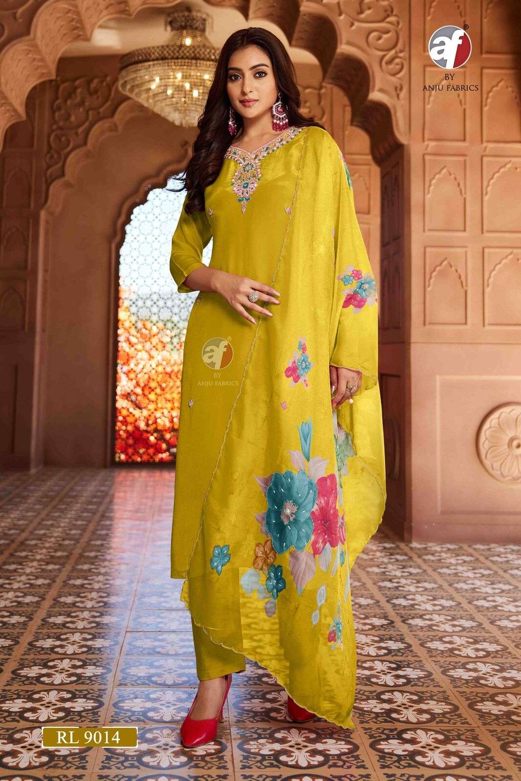 D.NO:- RL 9014 BY ANJU FABRICS IN PURE NATURAL CREPE KURTI PANT WITH ORGANZA DUPATTA