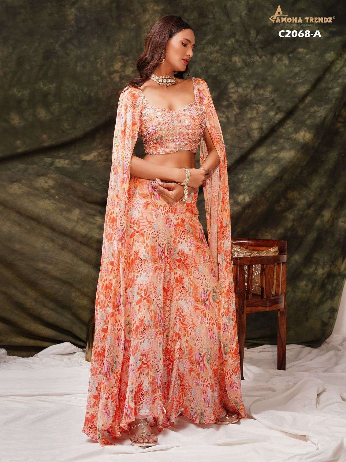 DESIGN NO C2068 BY AMOHA IN PURE CHINON FABRIC WITH MOTI WORK 