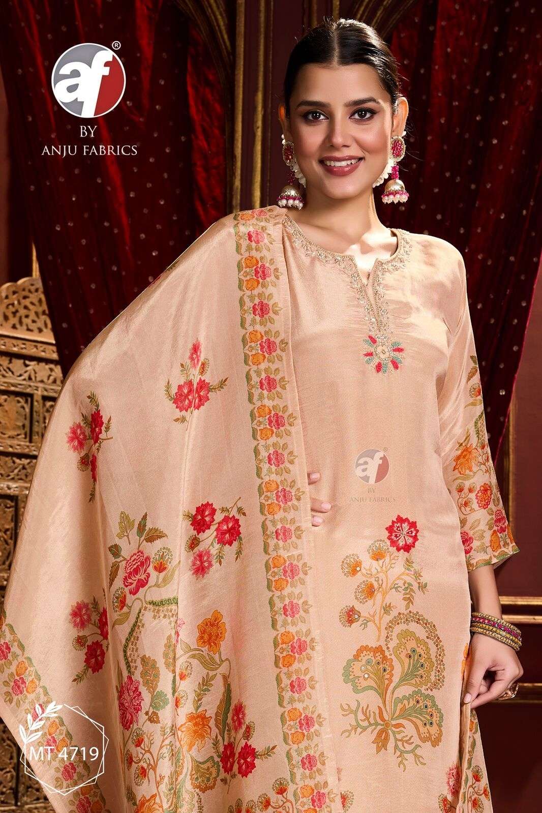 DESIGN NO-MT 4719 BY ANJU FABRICS PURE TISSUE KURTI PANT WITH HEAVY HANDWORK DUPATTA