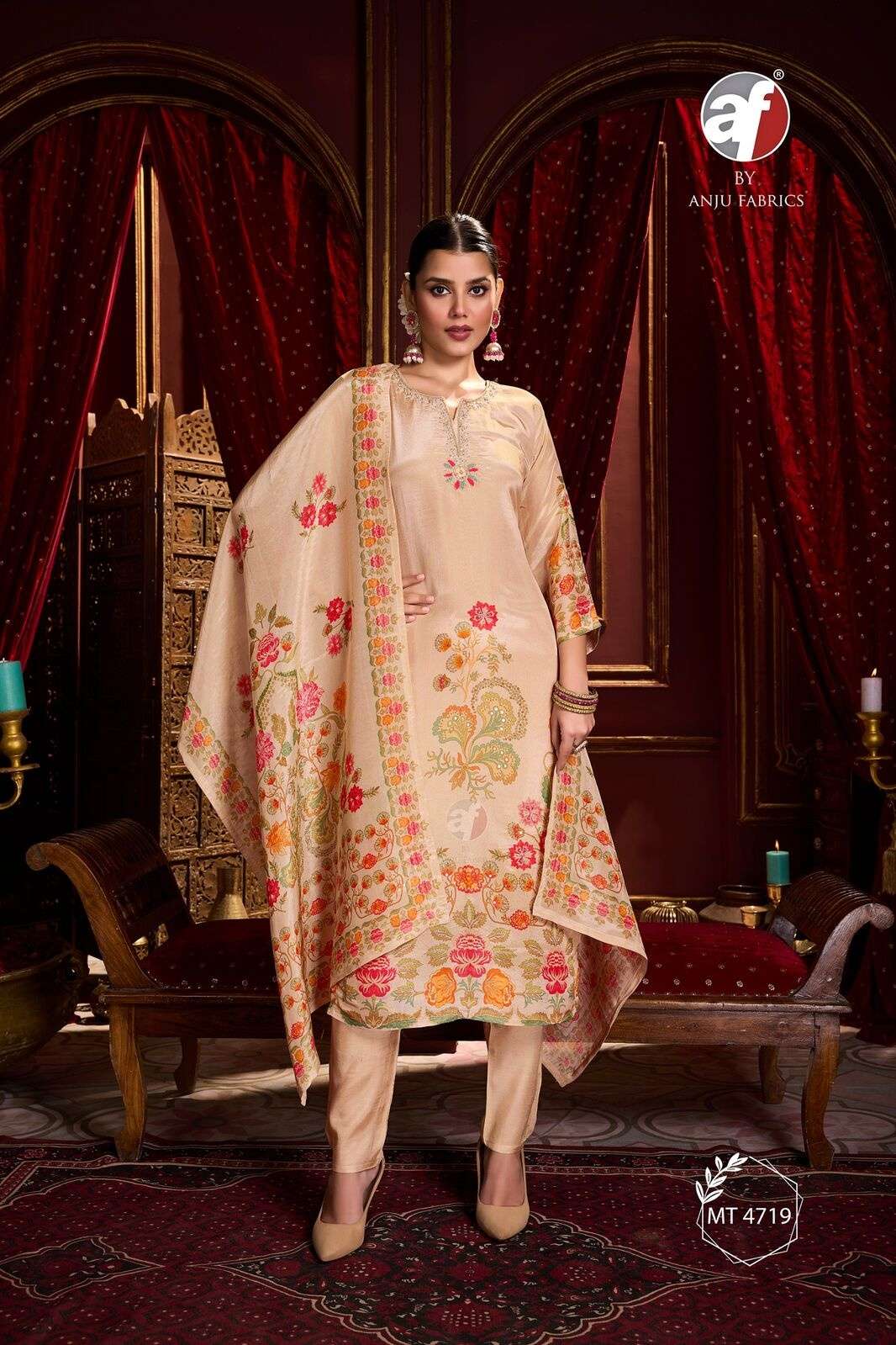 DESIGN NO-MT 4719 BY ANJU FABRICS PURE TISSUE KURTI PANT WITH HEAVY HANDWORK DUPATTA