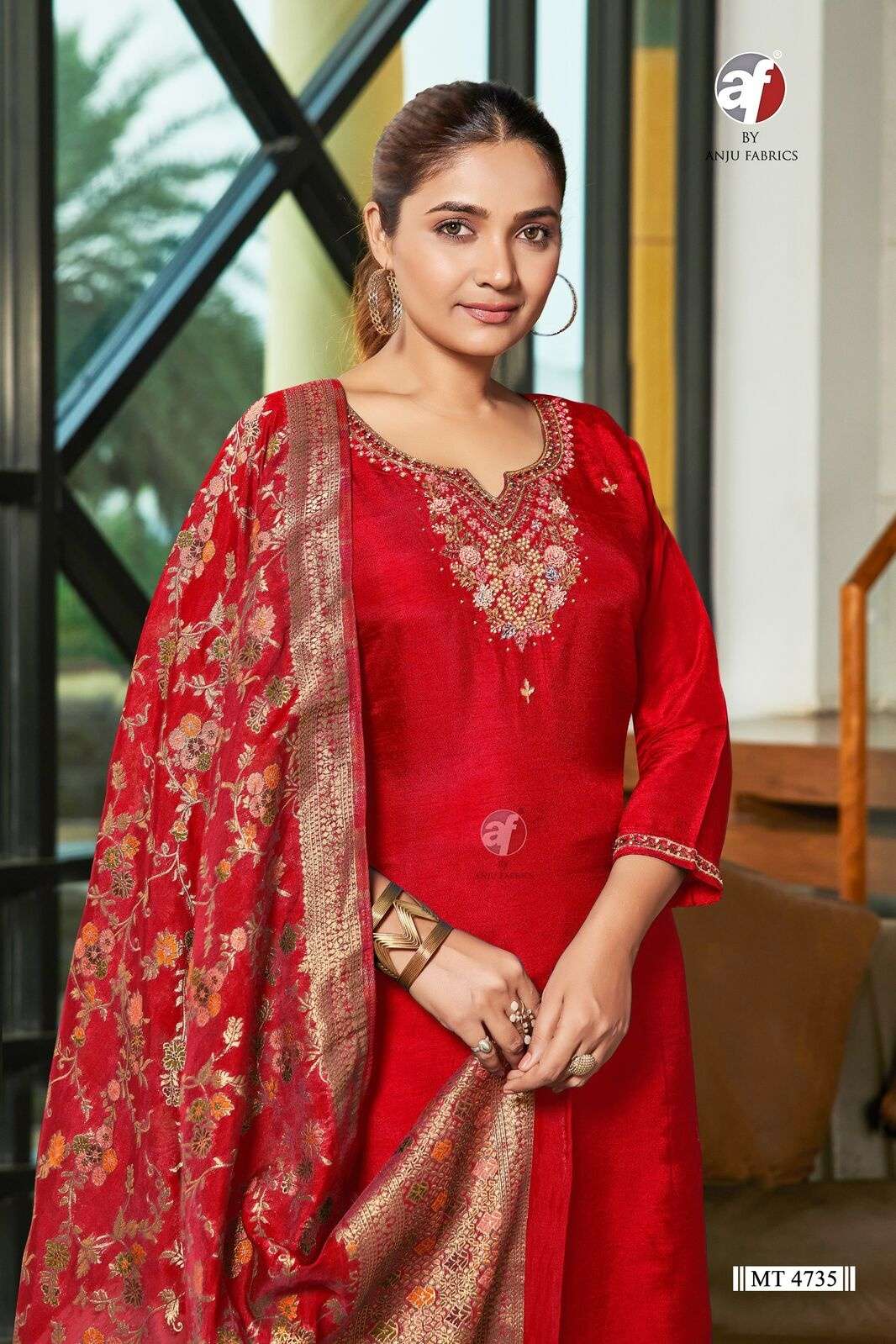 DESIGN NO-MT 4735 BY ANJU FABRICS PURE DOLA SILK HANDWORK KURTI PANT WITH HEAVY DUPATTA 