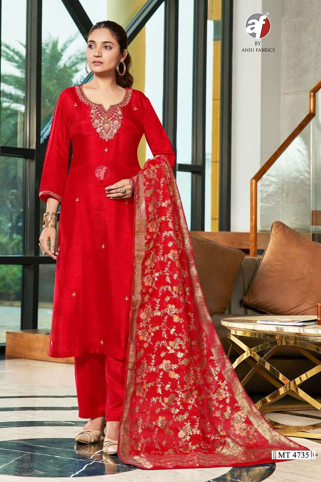 DESIGN NO-MT 4735 BY ANJU FABRICS PURE DOLA SILK HANDWORK KURTI PANT WITH HEAVY DUPATTA 