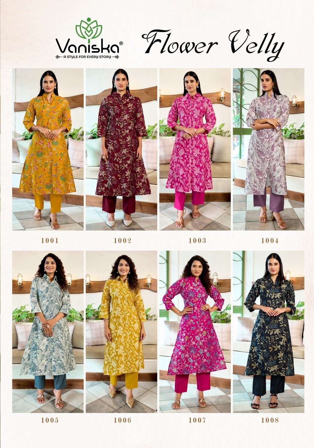 FLOWER VELLY VOL-1 BY VANISKA IN VATICAN PRINT ALINE CUT KURTI & FANCY BUTTON WITH POCKET 