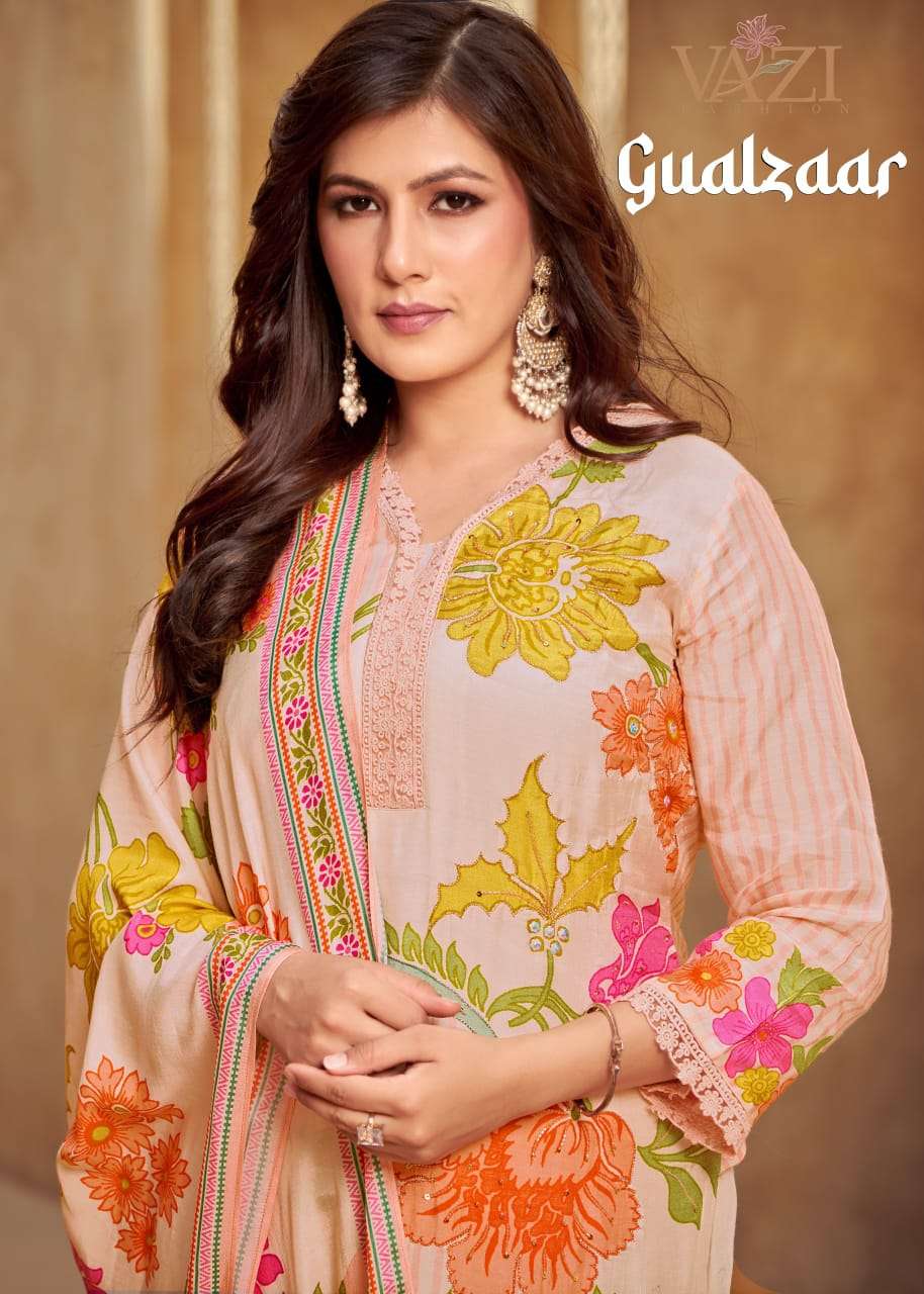 GUALZAAR BY VAZI FASHION IN PURE VISCOUS MUSLIN PRINT WITH DESGINER FANCY THERD 