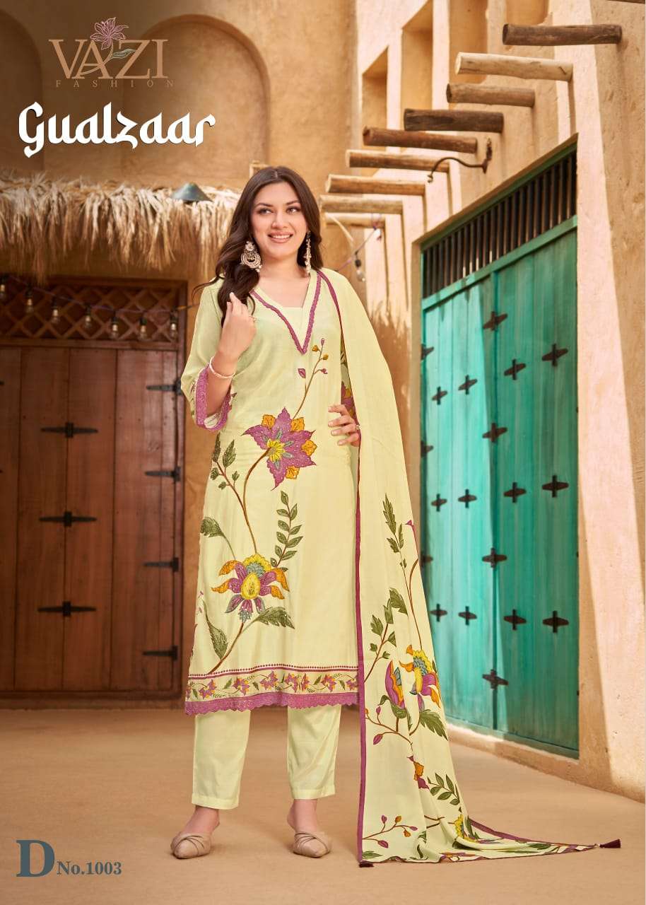 GUALZAAR BY VAZI FASHION IN PURE VISCOUS MUSLIN PRINT WITH DESGINER FANCY THERD 