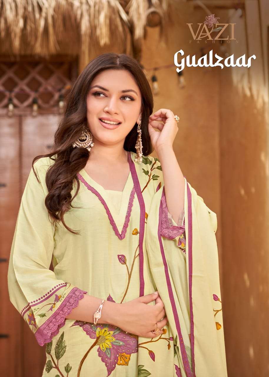 GUALZAAR BY VAZI FASHION IN PURE VISCOUS MUSLIN PRINT WITH DESGINER FANCY THERD 