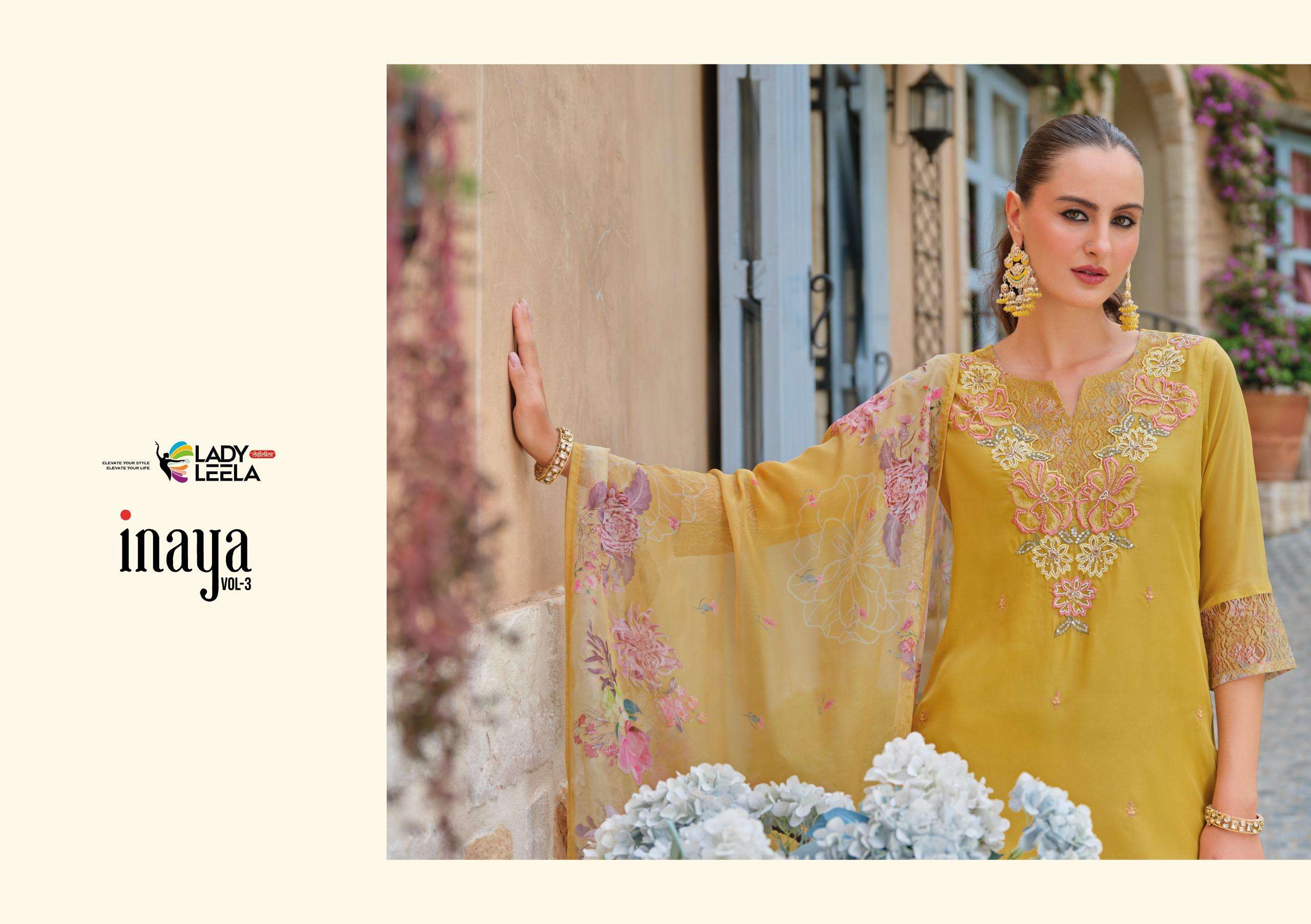 INAYA-3 BY LADY LEELA IN ORGANZA FABRIC KURTI PANT WITH DIGITAL PRINT DUPATTA AND EMBROIDERY