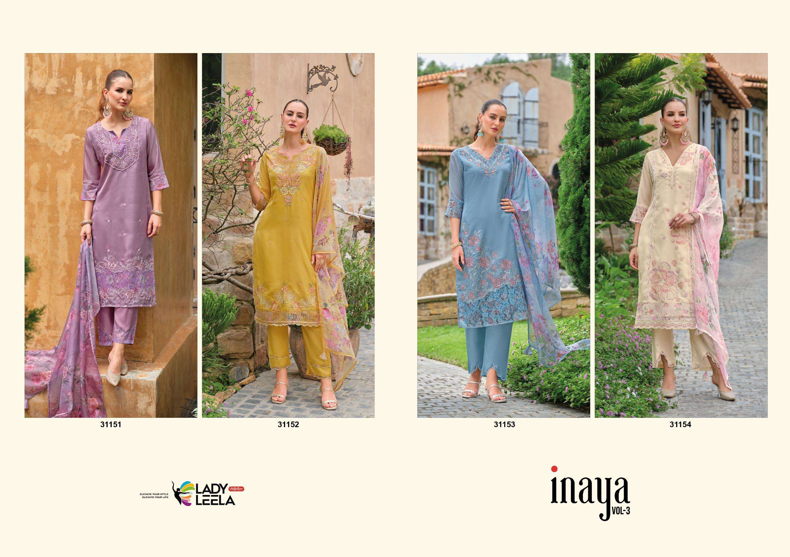 INAYA-3 BY LADY LEELA IN ORGANZA FABRIC KURTI PANT WITH DIGITAL PRINT DUPATTA AND EMBROIDERY