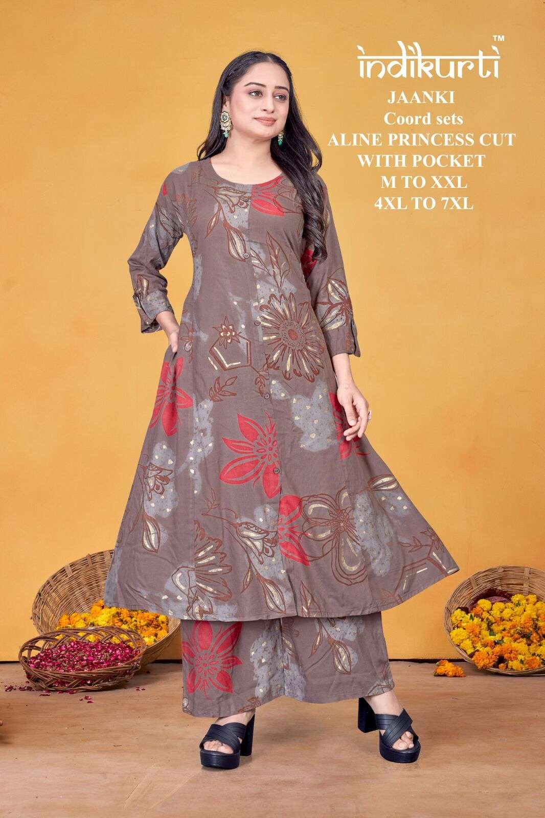 JAANKI BY INDIKURTI IN RAYON FOIL DISCHARGE PRINT ALINE PRINCESS CUT COORD SETS