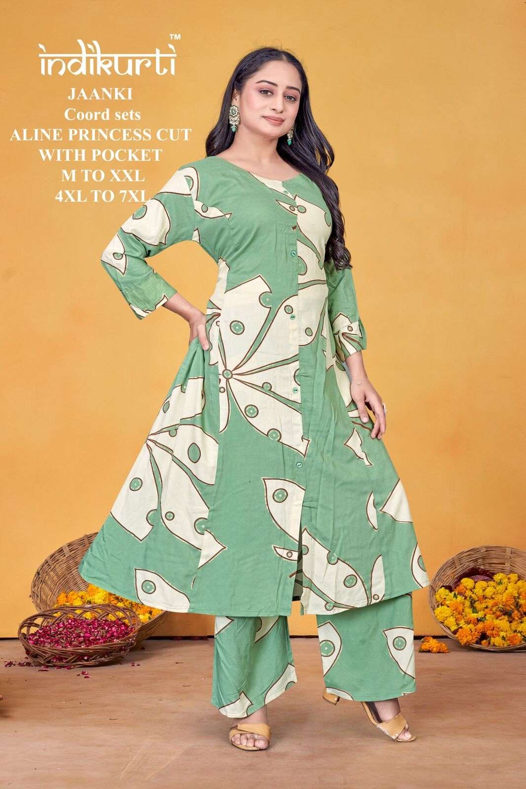 JAANKI BY INDIKURTI IN RAYON FOIL DISCHARGE PRINT ALINE PRINCESS CUT COORD SETS