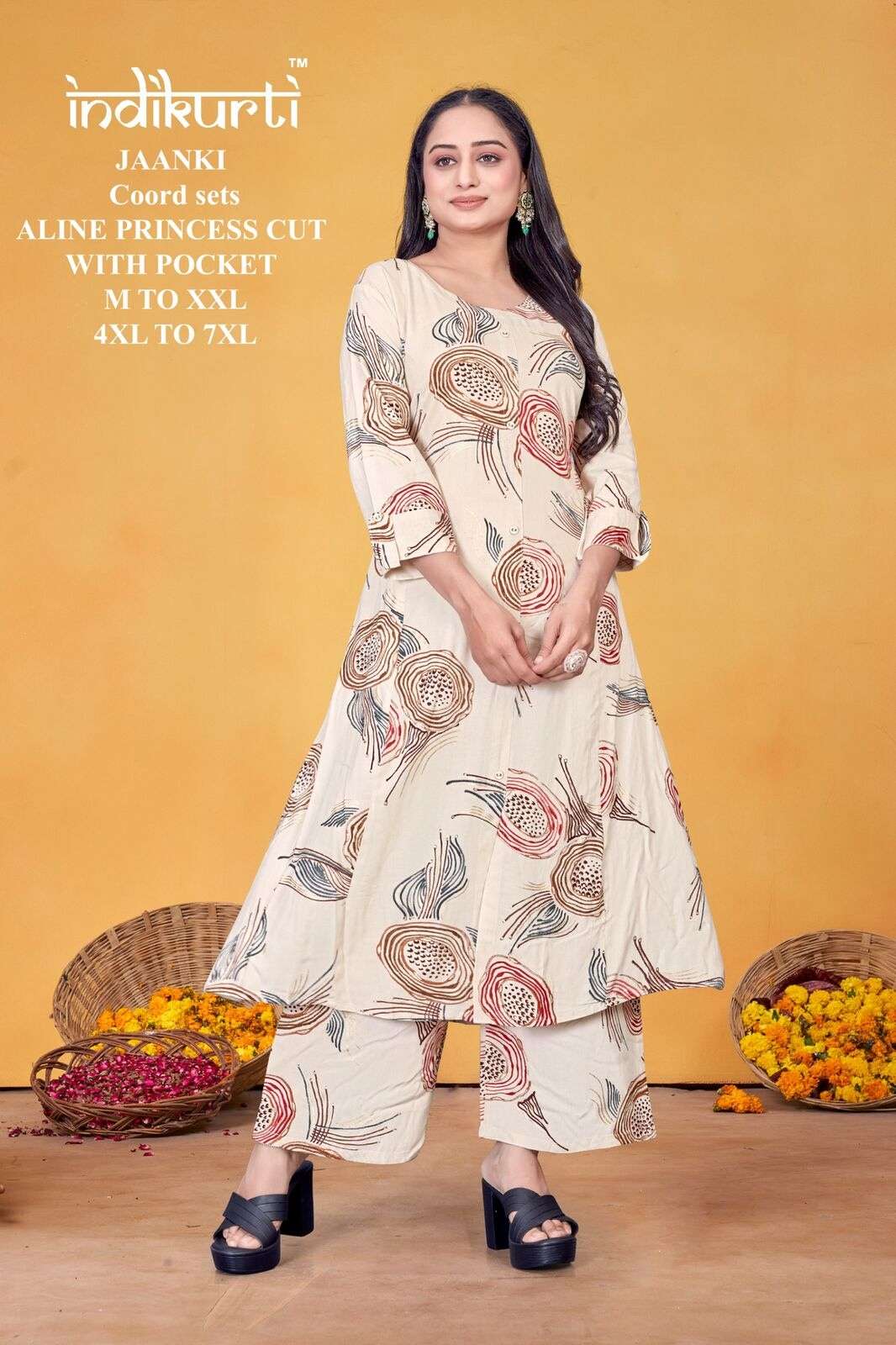JAANKI BY INDIKURTI IN RAYON FOIL DISCHARGE PRINT ALINE PRINCESS CUT COORD SETS