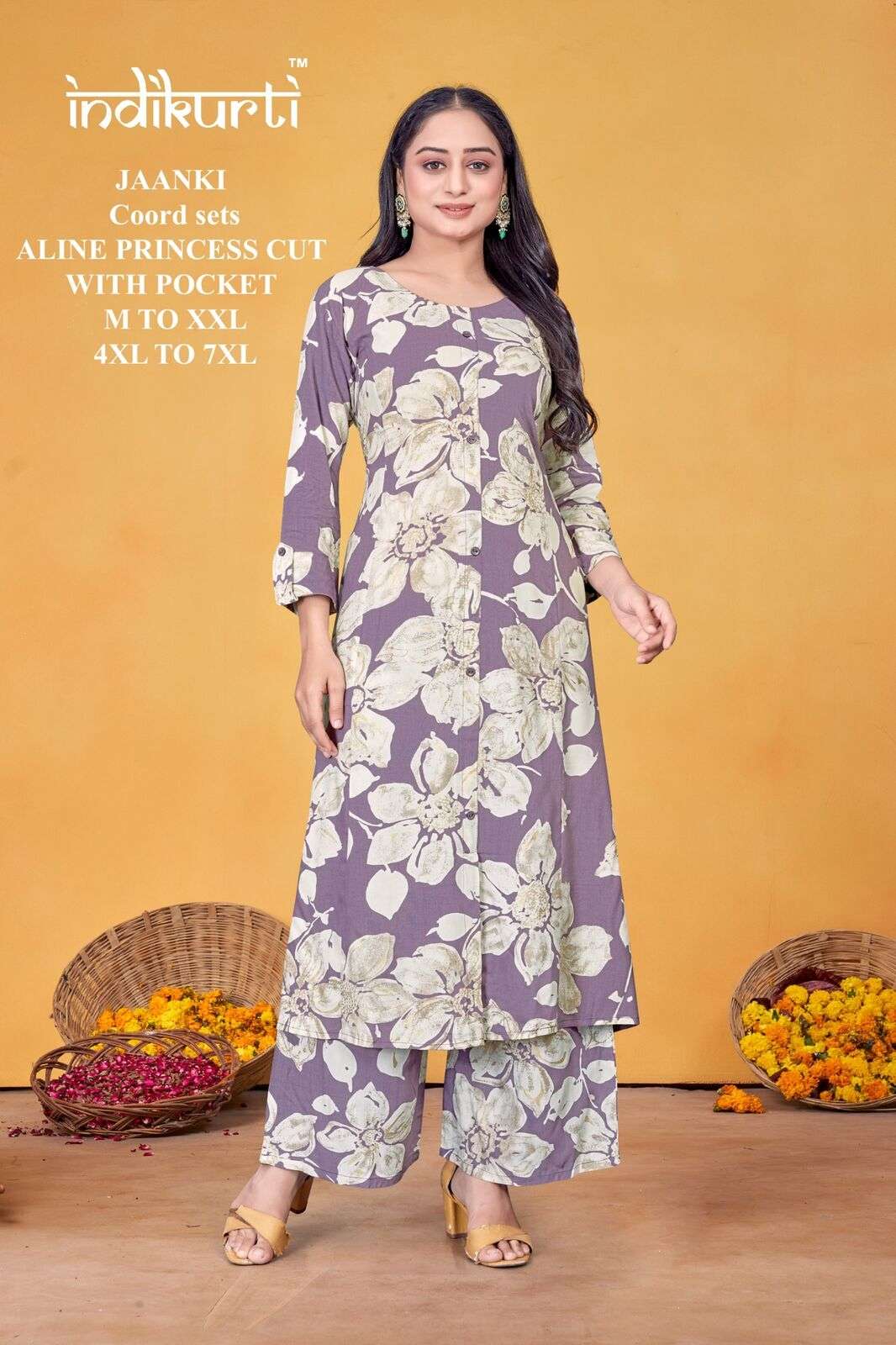 JAANKI BY INDIKURTI IN RAYON FOIL DISCHARGE PRINT ALINE PRINCESS CUT COORD SETS