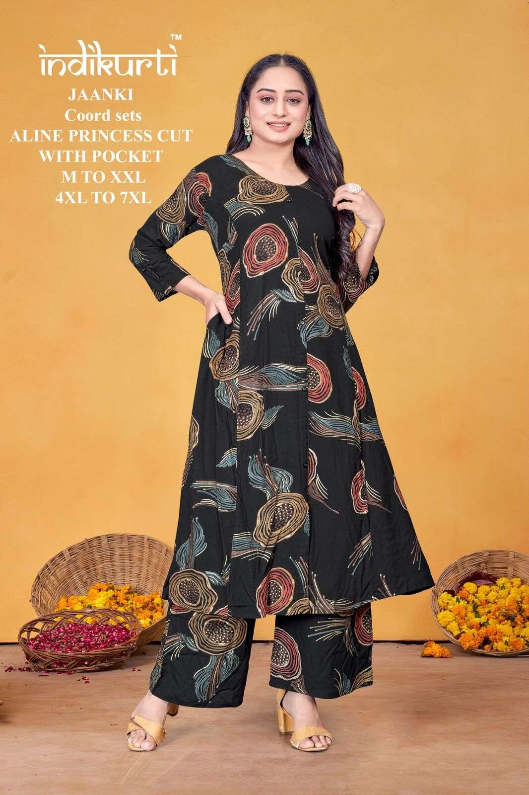 JAANKI BY INDIKURTI IN RAYON FOIL DISCHARGE PRINT ALINE PRINCESS CUT COORD SETS