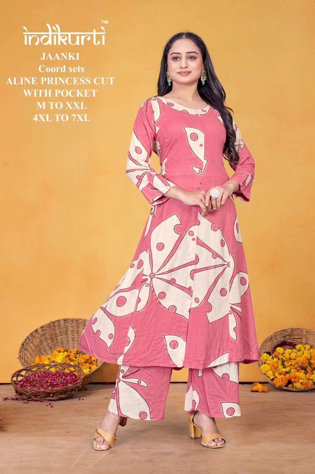 JAANKI BY INDIKURTI IN RAYON FOIL DISCHARGE PRINT ALINE PRINCESS CUT COORD SETS