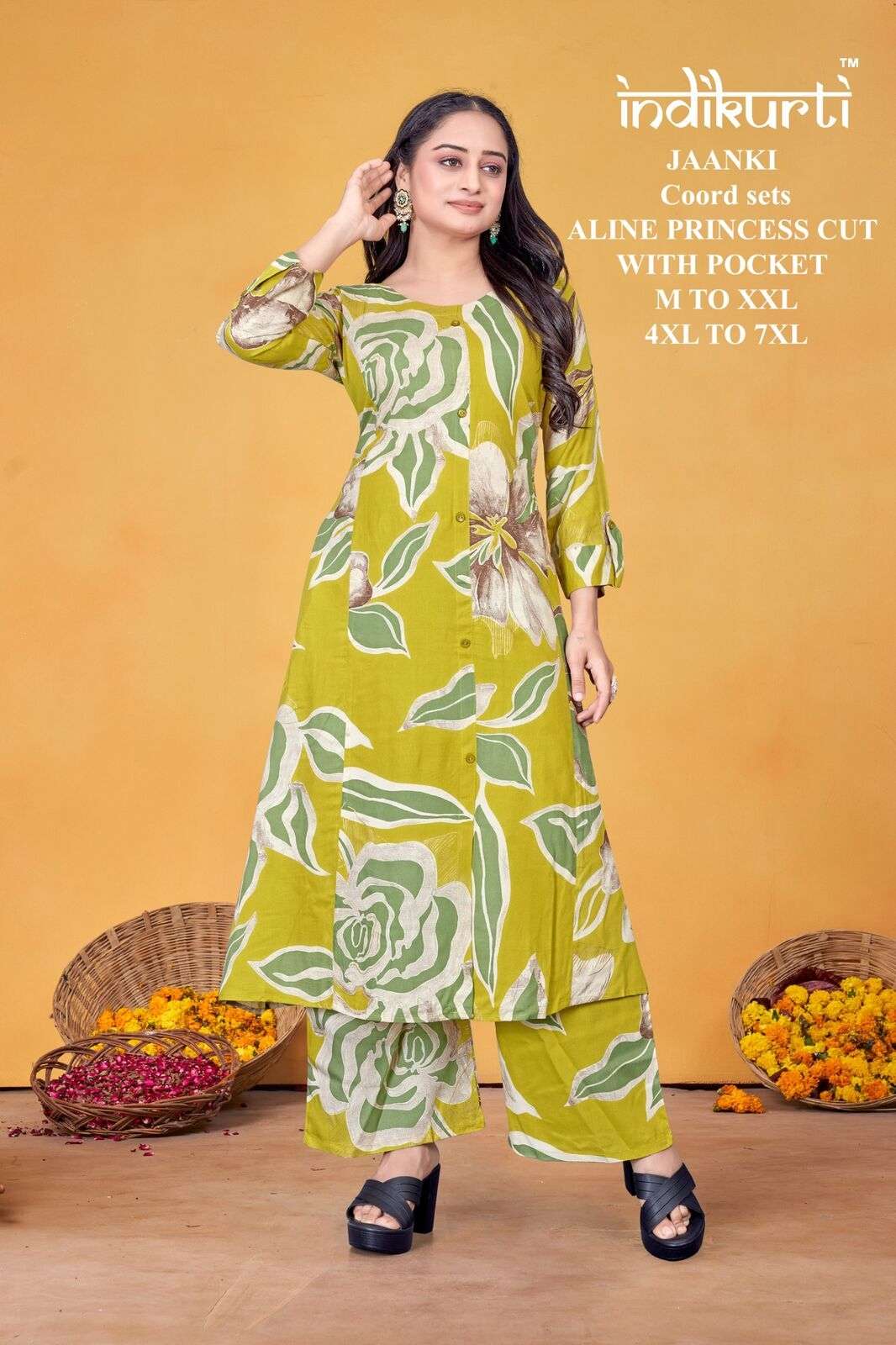 JAANKI BY INDIKURTI IN RAYON FOIL DISCHARGE PRINT ALINE PRINCESS CUT COORD SETS