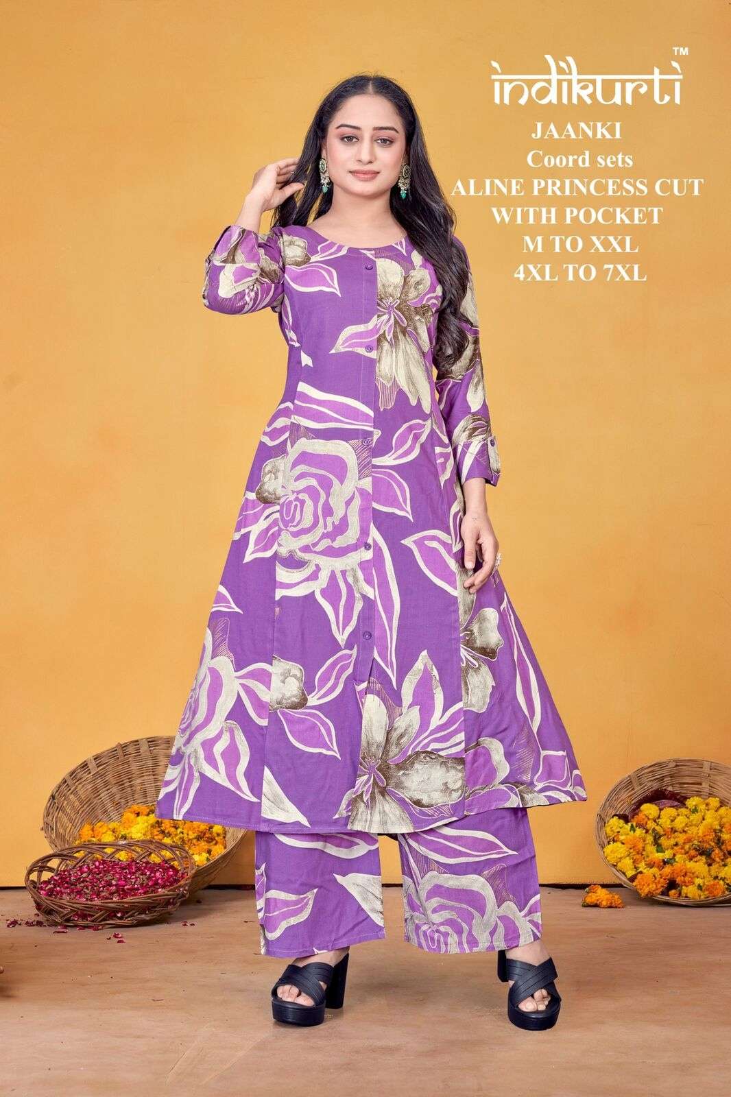 JAANKI BY INDIKURTI IN RAYON FOIL DISCHARGE PRINT ALINE PRINCESS CUT COORD SETS