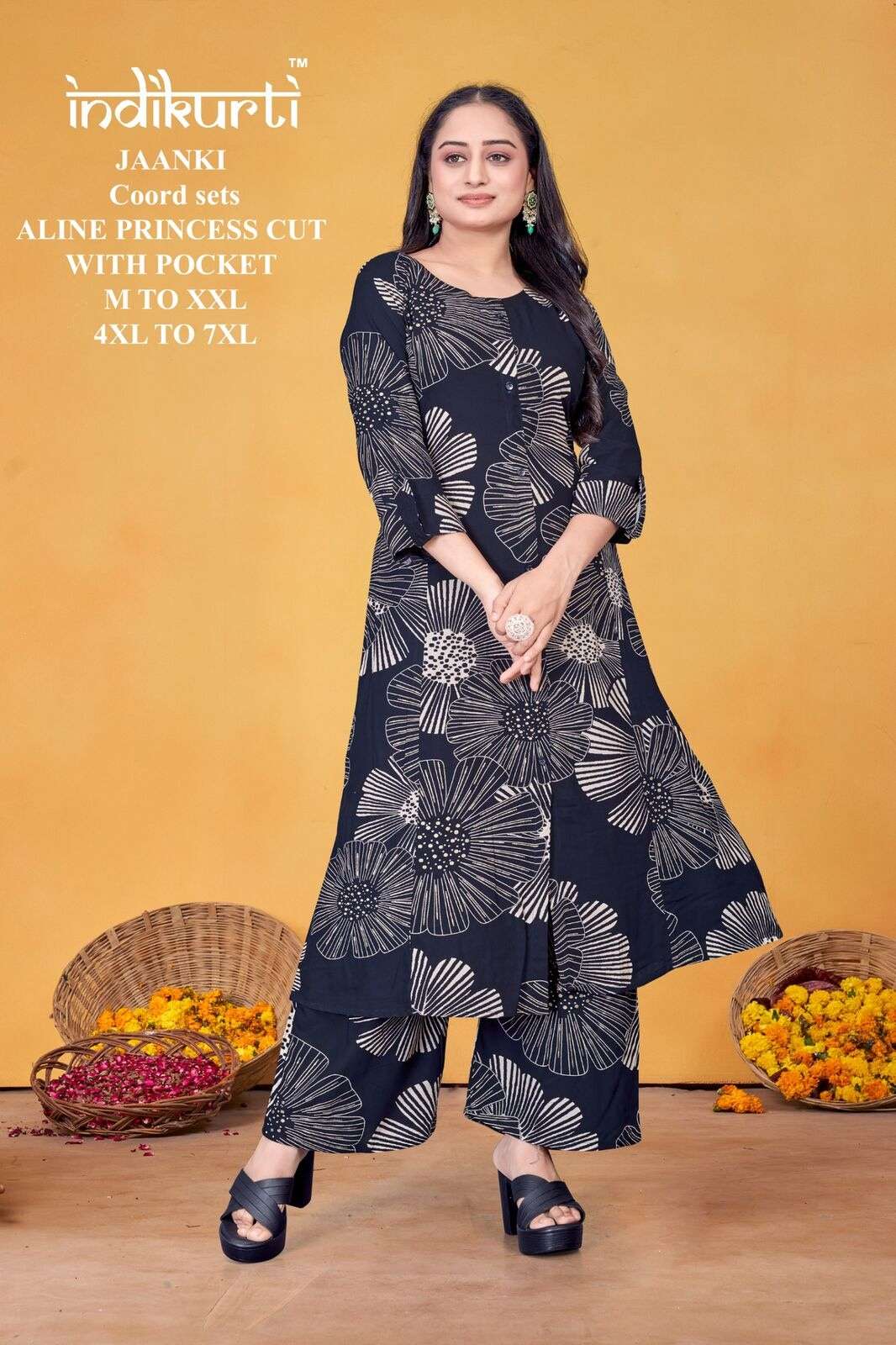 JAANKI BY INDIKURTI IN RAYON FOIL DISCHARGE PRINT ALINE PRINCESS CUT COORD SETS