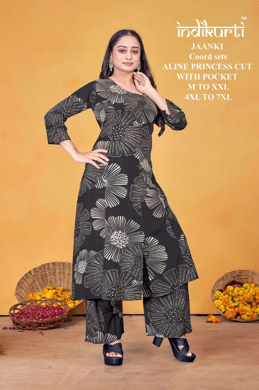 JAANKI BY INDIKURTI IN RAYON FOIL DISCHARGE PRINT ALINE PRINCESS CUT COORD SETS