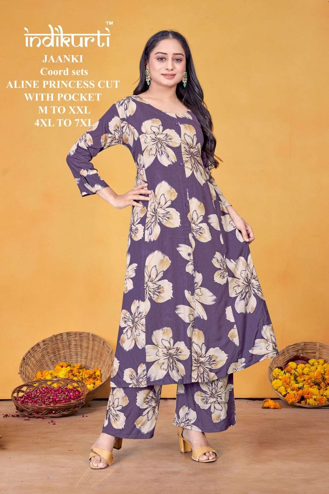 JAANKI BY INDIKURTI IN RAYON FOIL DISCHARGE PRINT ALINE PRINCESS CUT COORD SETS