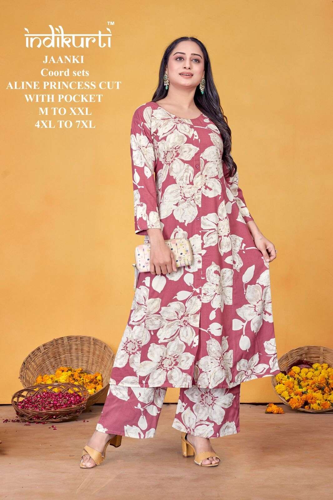 JAANKI BY INDIKURTI IN RAYON FOIL DISCHARGE PRINT ALINE PRINCESS CUT COORD SETS