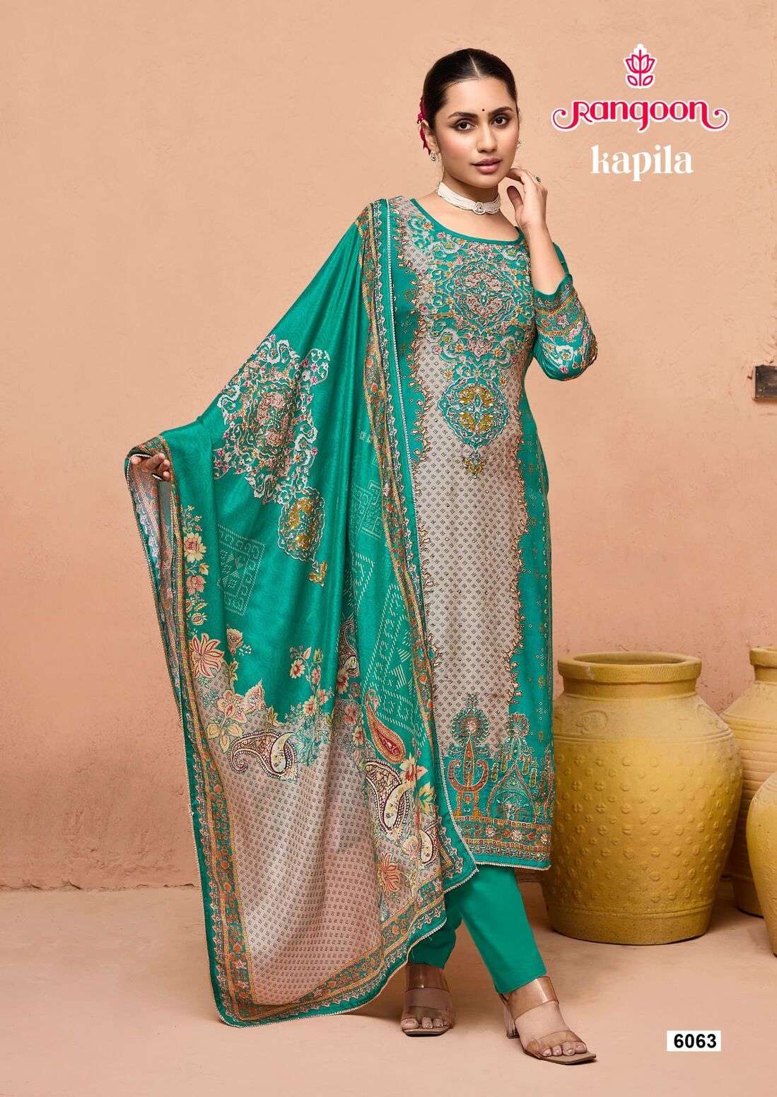 KAPILA BY RANGOON IN PURE MUSLIN DIGITAL PRINT AARI WORK AND FANCY LACE BOTTOM 