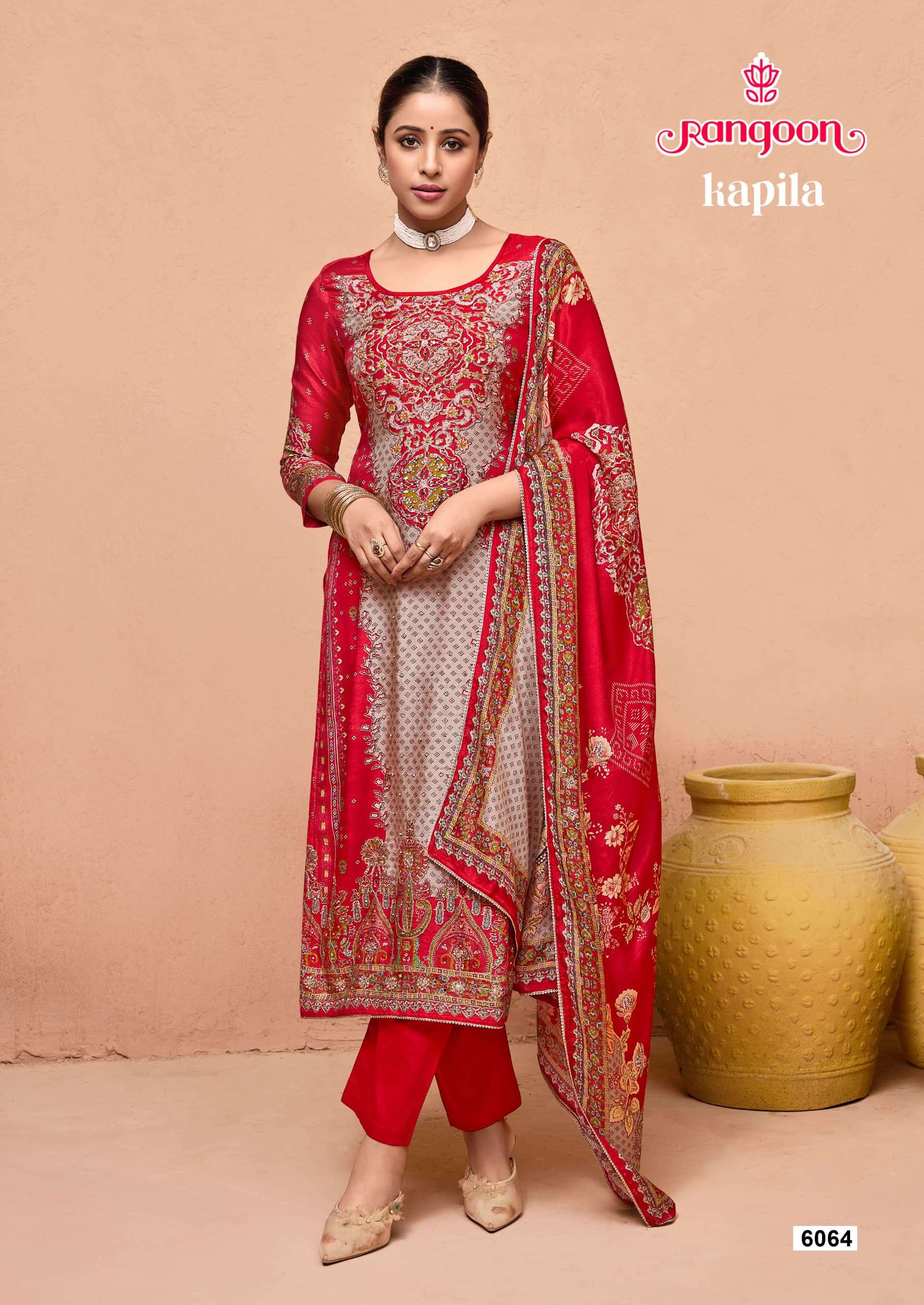 KAPILA BY RANGOON IN PURE MUSLIN DIGITAL PRINT AARI WORK AND FANCY LACE BOTTOM 
