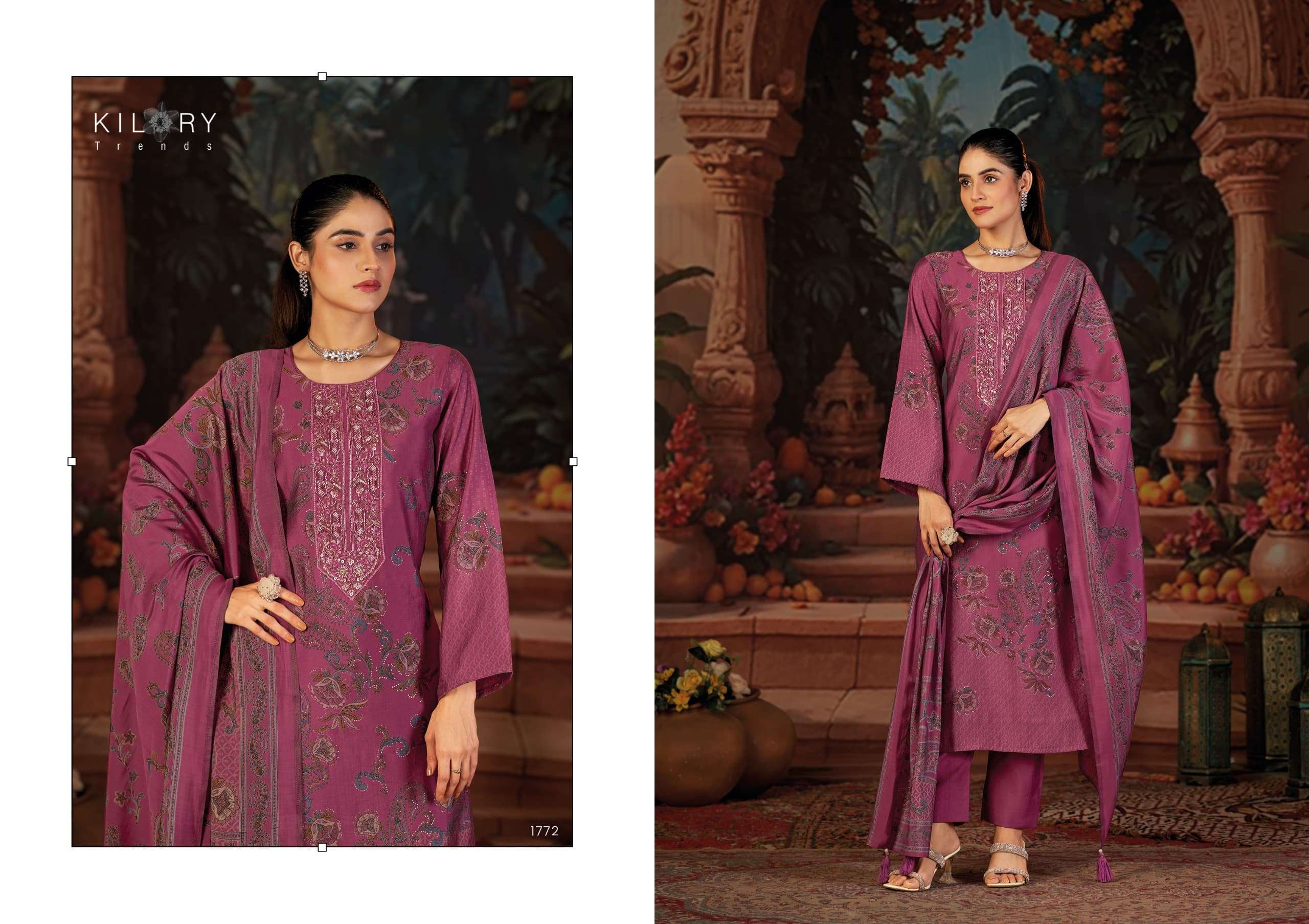 LARANA BY KILORY TRENDS IN PURE MODAL MUSLIN SILK DIGITAL FOIL PRINT WITH FANCY BEADS NECK WORK