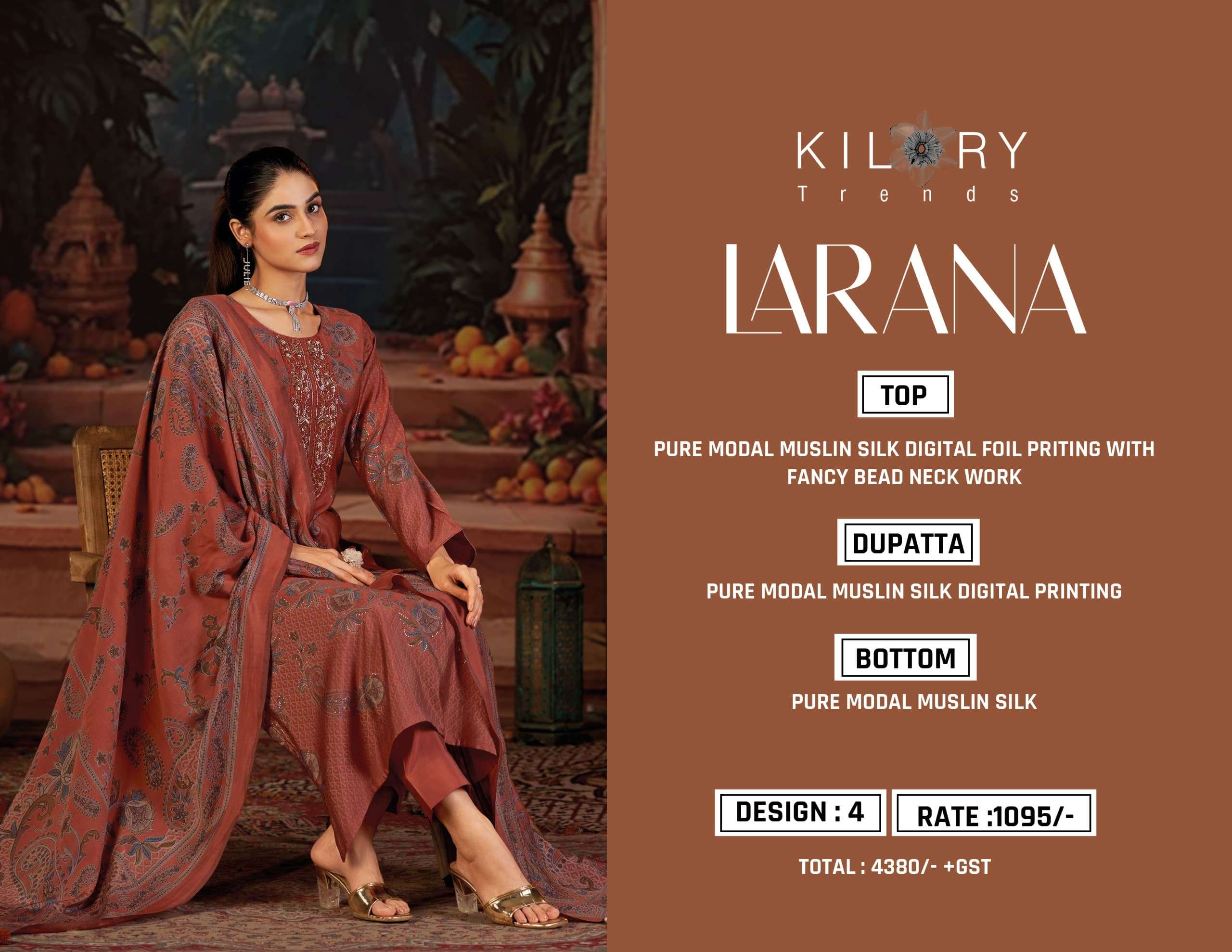 LARANA BY KILORY TRENDS IN PURE MODAL MUSLIN SILK DIGITAL FOIL PRINT WITH FANCY BEADS NECK WORK