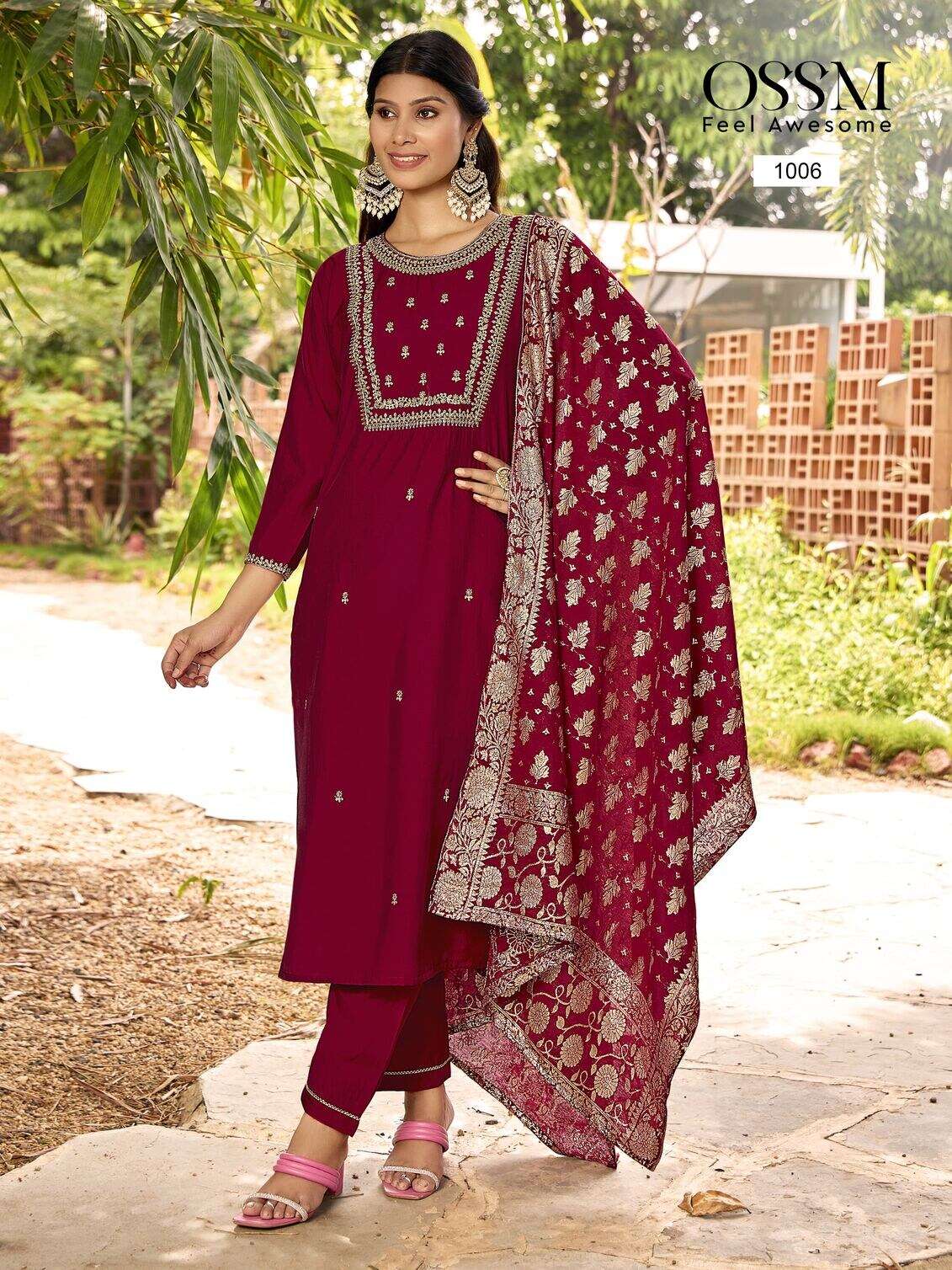 MONALISA VOL-5 BY OSSM PREMIUM VISCOSE ROMAN SLUB HEAVY EMBROIDERY WORK KURTI PANT WITH DUPATTA 