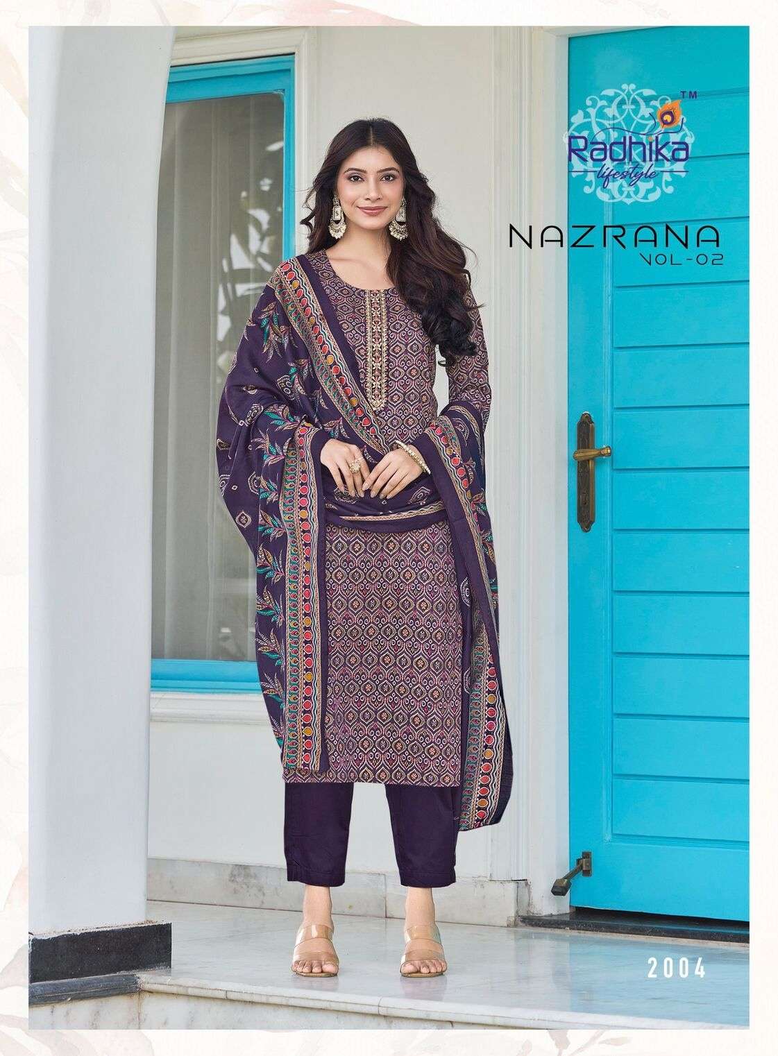 NAZRANA VOL 2 BY RADHIKA LIFESTYLE IN JAM SATIN DISCHARGE PRINT WITH EMBROIDERY WORK