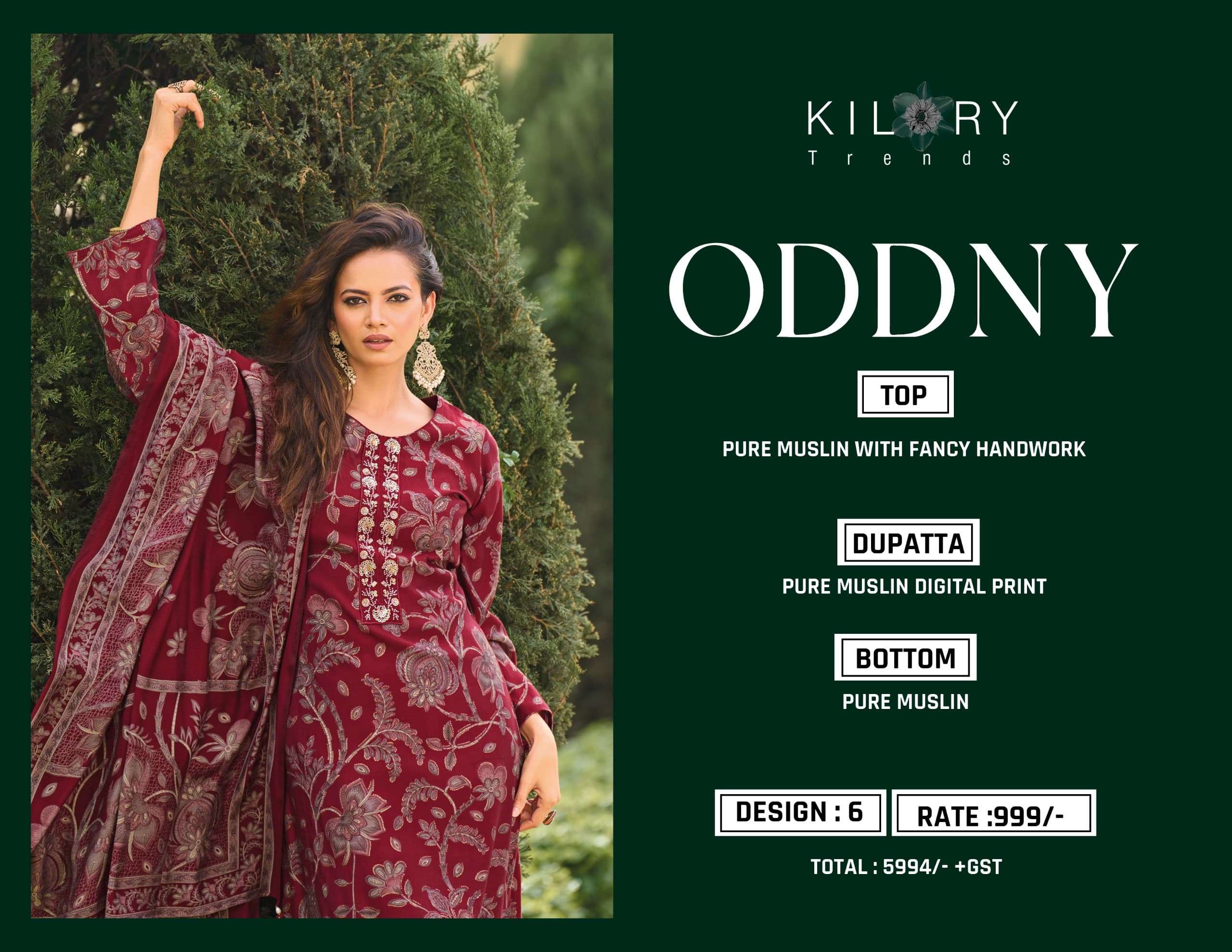 ODDNY BY KILORY TRENDS IN PURE MUSLIN WITH FANCY HAND WORK 