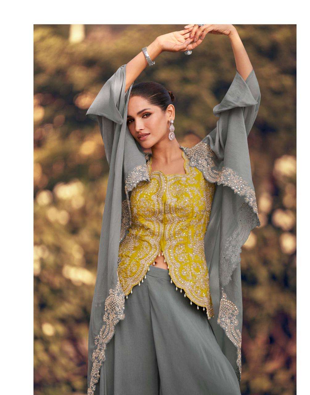 PANIHARI BY SAYURI DESIGNER IN REAL ORGANZA SILK WITH HEAVY LOOK EMBROIDERED JACKET AND PLAZZO 