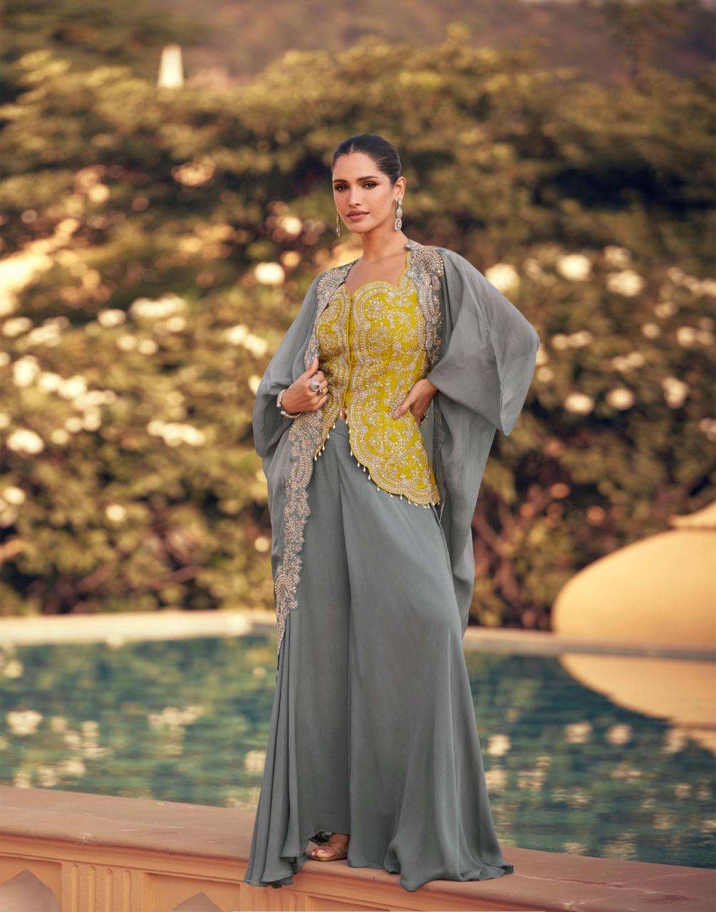 PANIHARI BY SAYURI DESIGNER IN REAL ORGANZA SILK WITH HEAVY LOOK EMBROIDERED JACKET AND PLAZZO 