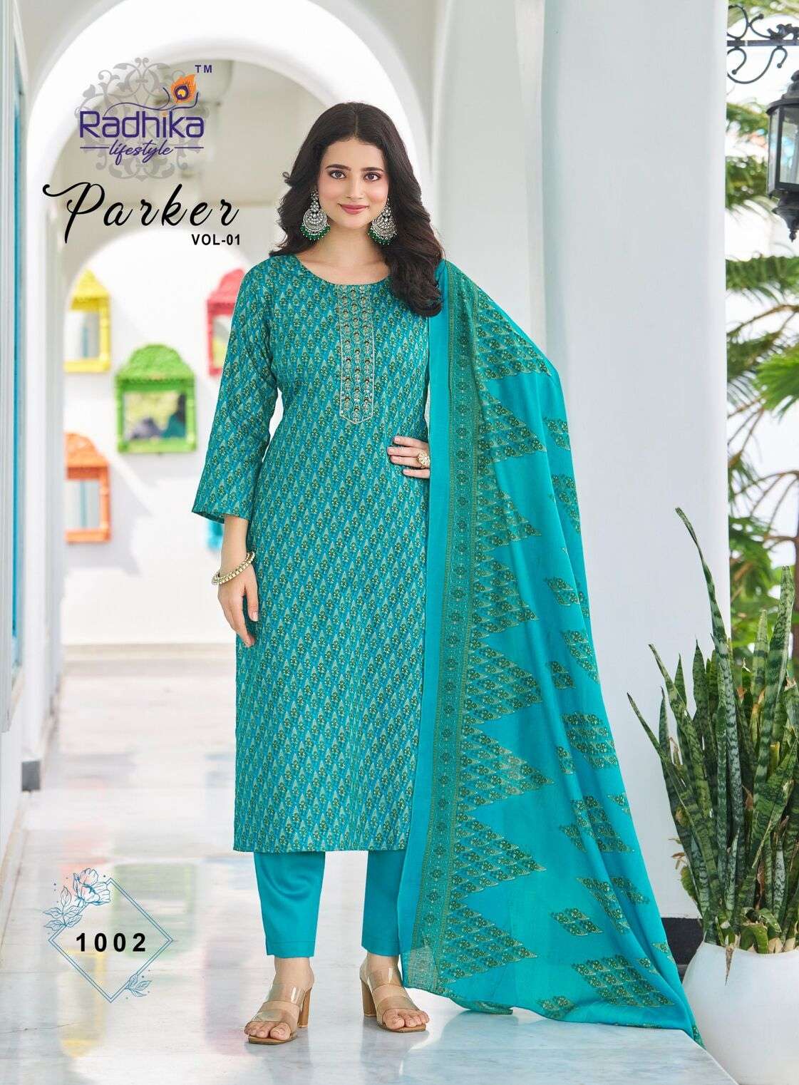PARKER VOL-1 BY RADHIKA LIFESTYLE IN JAM SATIN DISCHARGE  PRINT WITH EMBROIDERY WORK