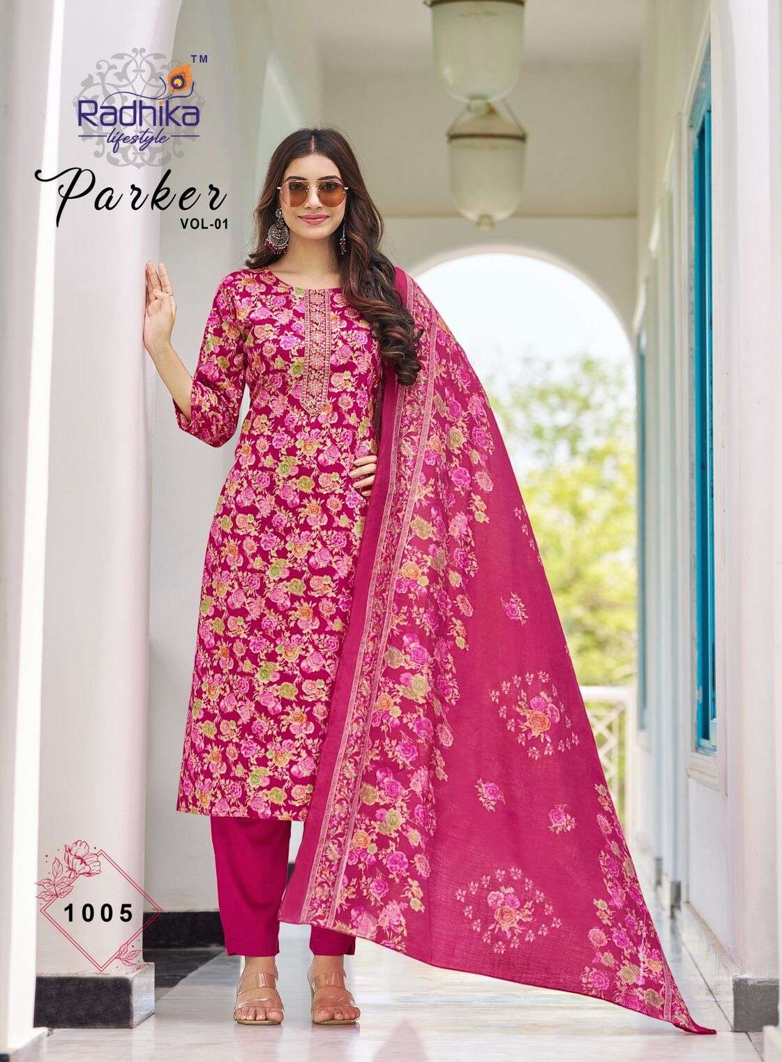 PARKER VOL-1 BY RADHIKA LIFESTYLE IN JAM SATIN DISCHARGE  PRINT WITH EMBROIDERY WORK