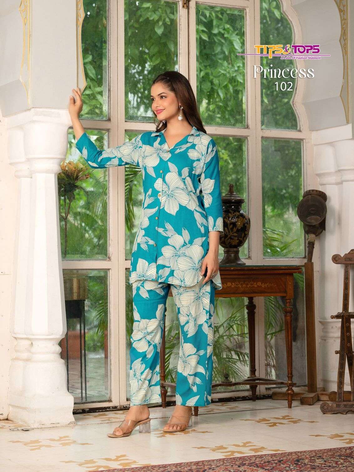 PRINCESS BY TIPS & TOPS IN HEAVY RAYON PRINTED SHIRT STYLE WITH PANT POCKET CO-ORD SET 
