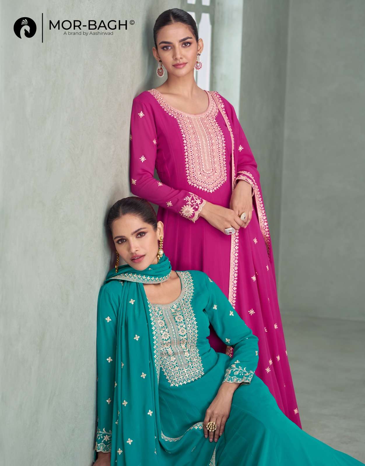 PURVA BY AASHIRWAD CREATION IN REAL GEROGETTE WITH FRONT NECK BACK EMBROIDERY 