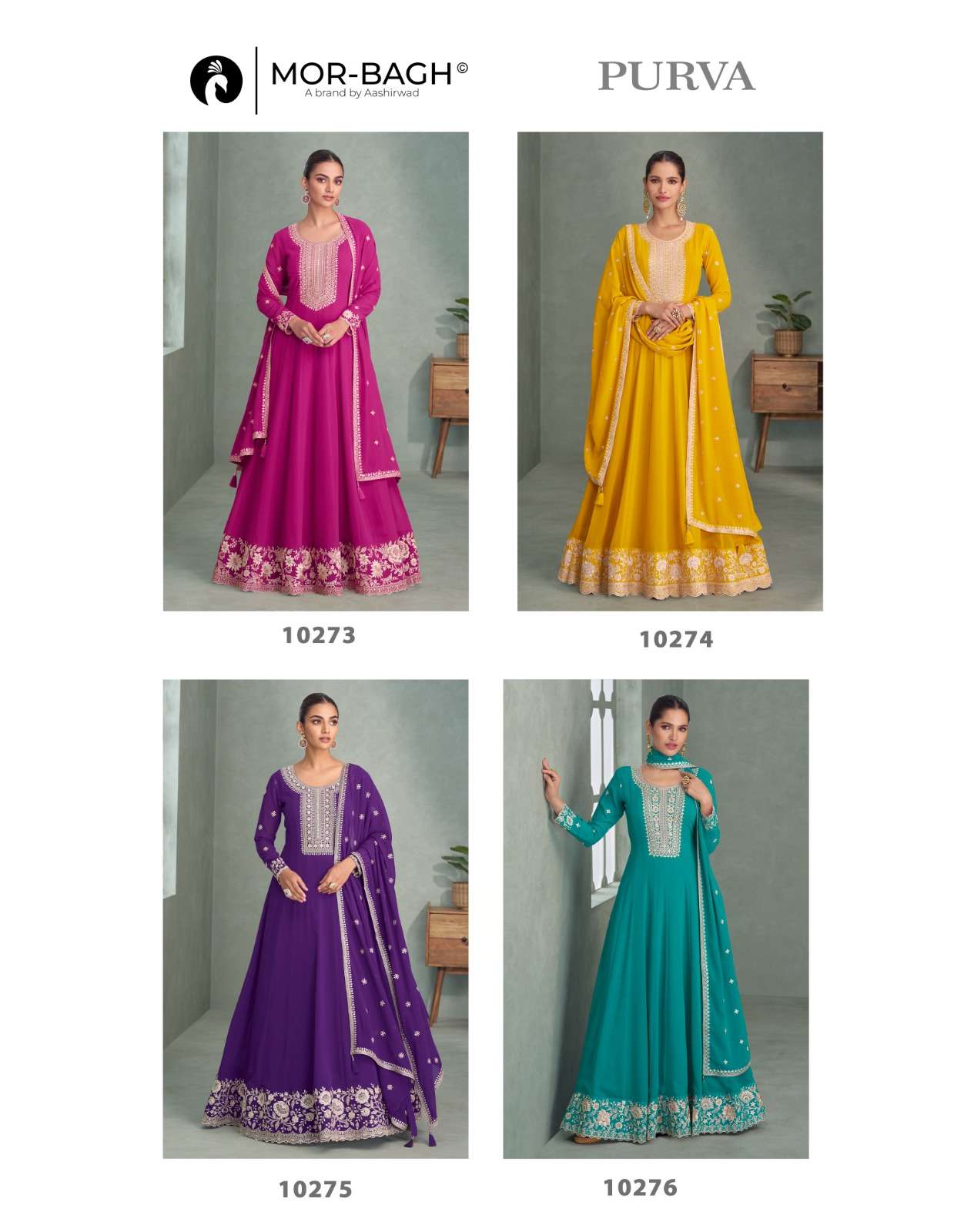 PURVA BY AASHIRWAD CREATION IN REAL GEROGETTE WITH FRONT NECK BACK EMBROIDERY 