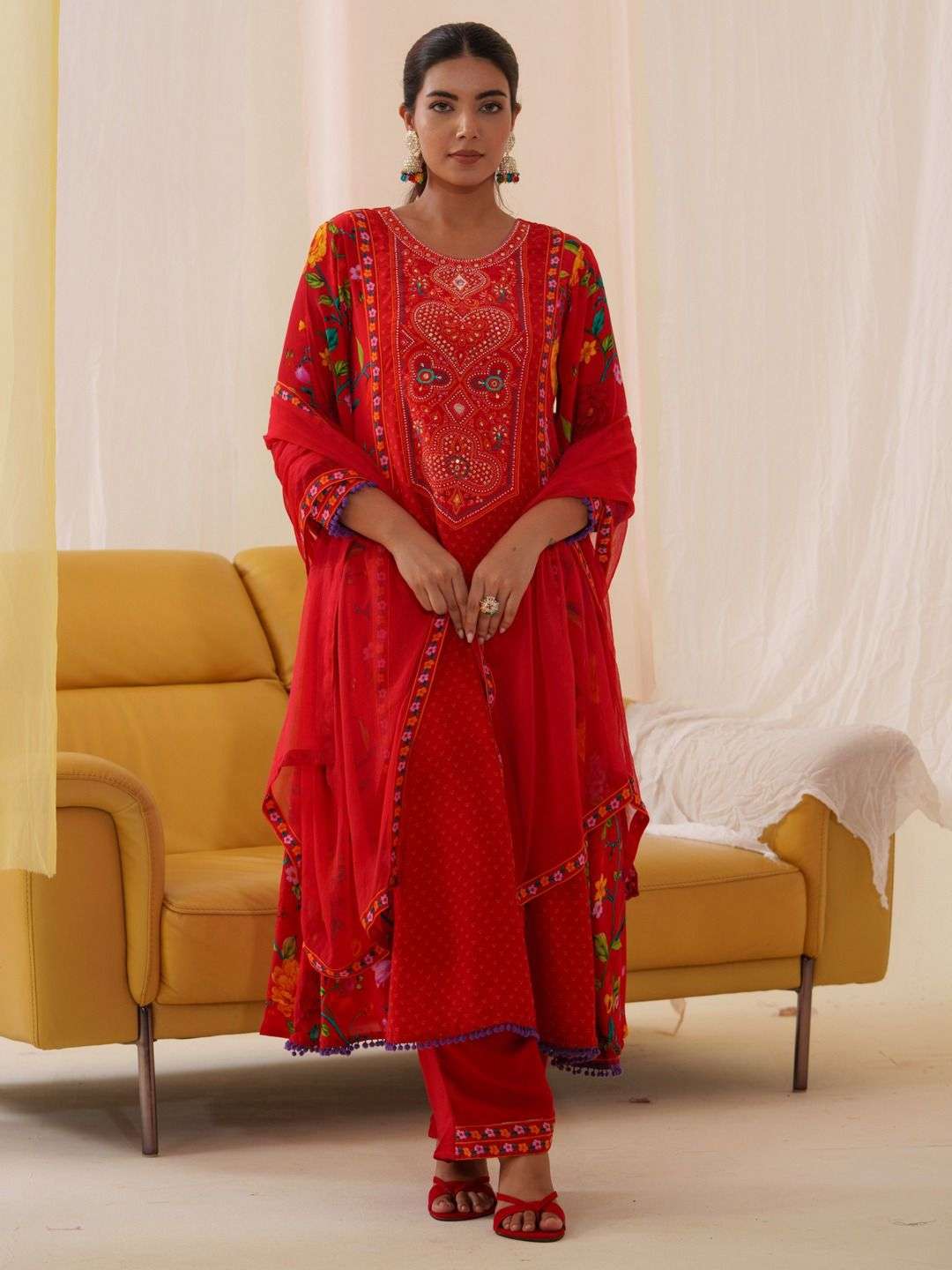 RED SALWAR SUIT BY TEXOFAB IN NATURAL CREAP WITH DIGITAL PRINT AND EMBROIDERY WORK