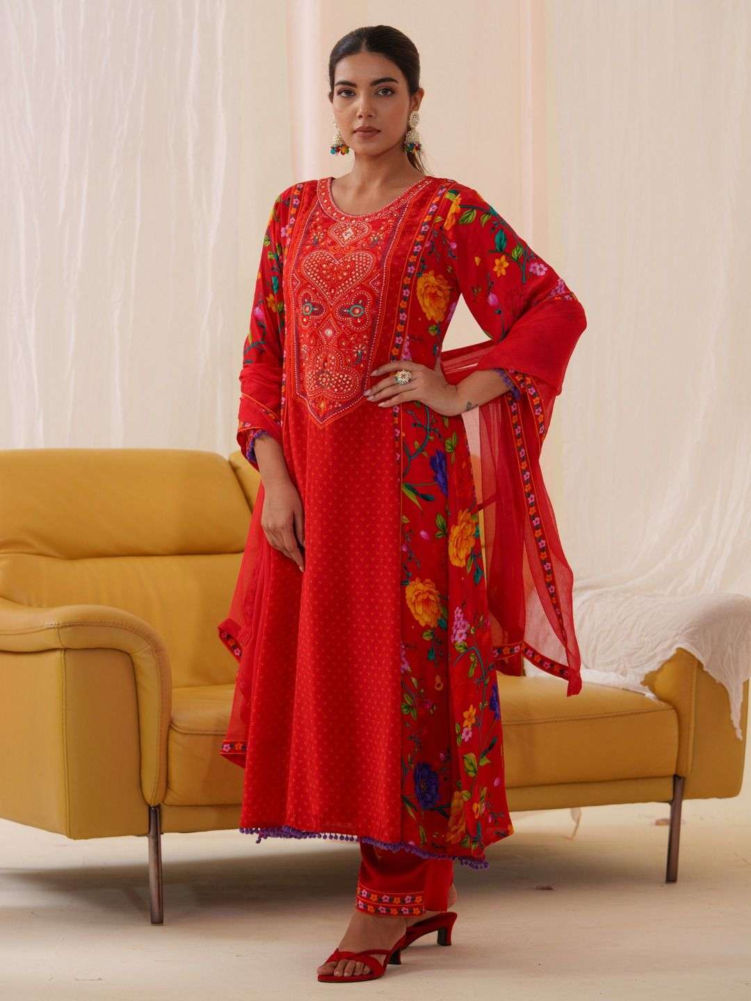 RED SALWAR SUIT BY TEXOFAB IN NATURAL CREAP WITH DIGITAL PRINT AND EMBROIDERY WORK