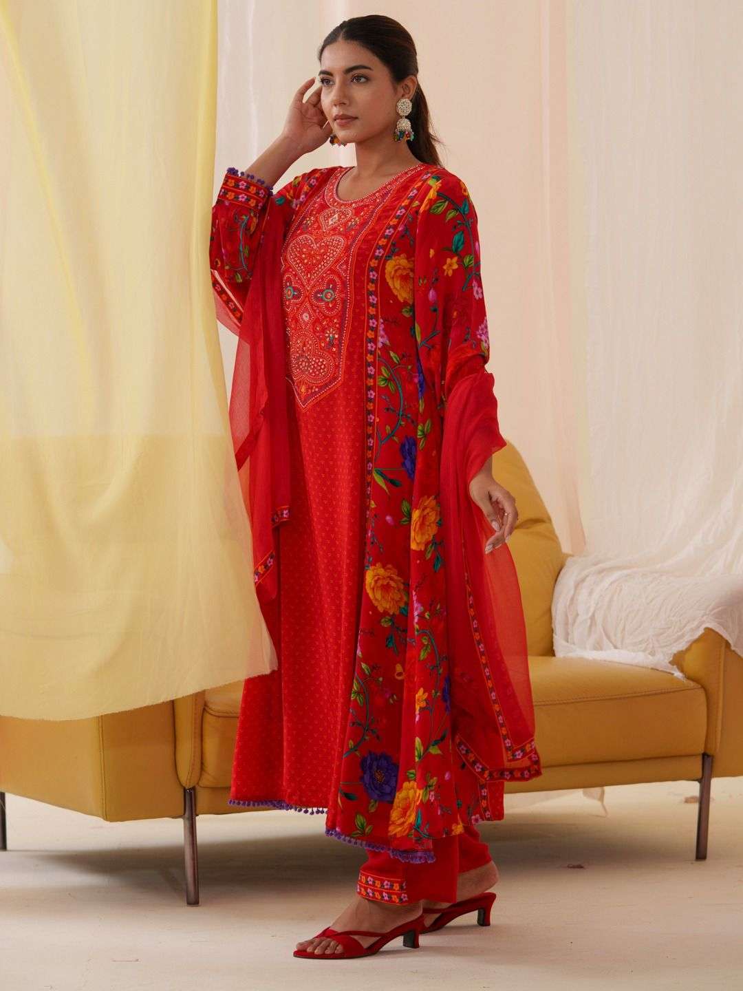 RED SALWAR SUIT BY TEXOFAB IN NATURAL CREAP WITH DIGITAL PRINT AND EMBROIDERY WORK