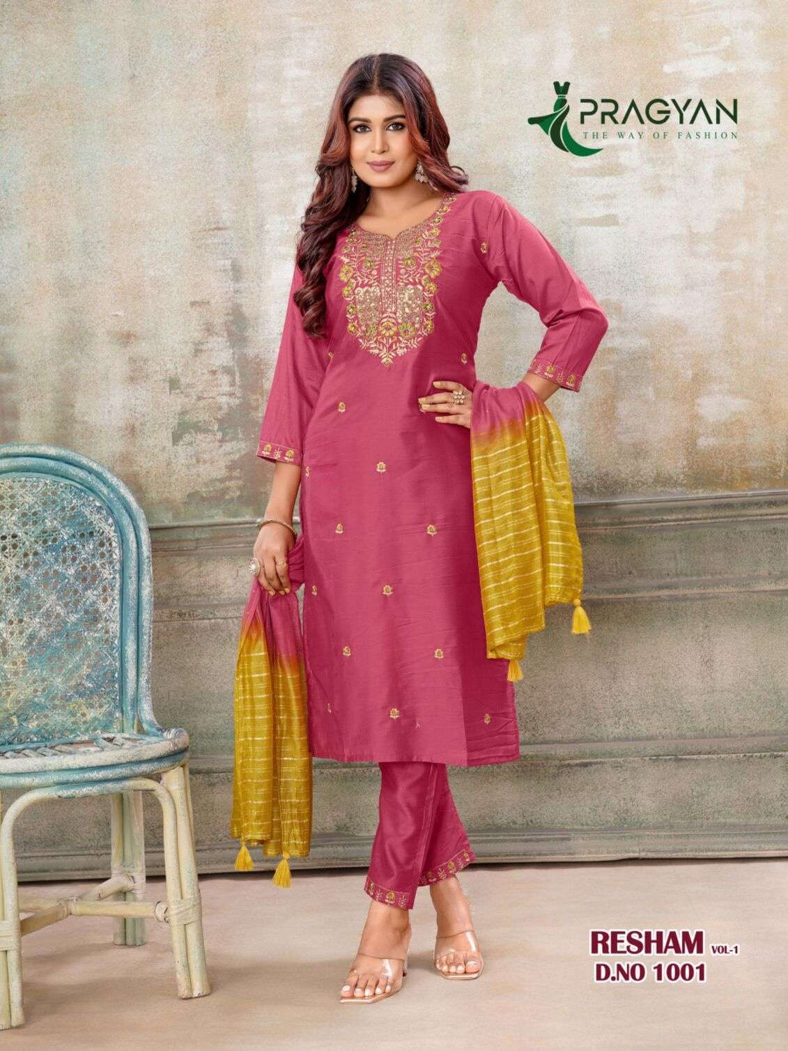 RESHAM VOL-1 BY PRAGYAN IN HEAVY CHANDERI FABRIC WITH FANCY EMBROIDERY WORK STREGHT CUT TOP