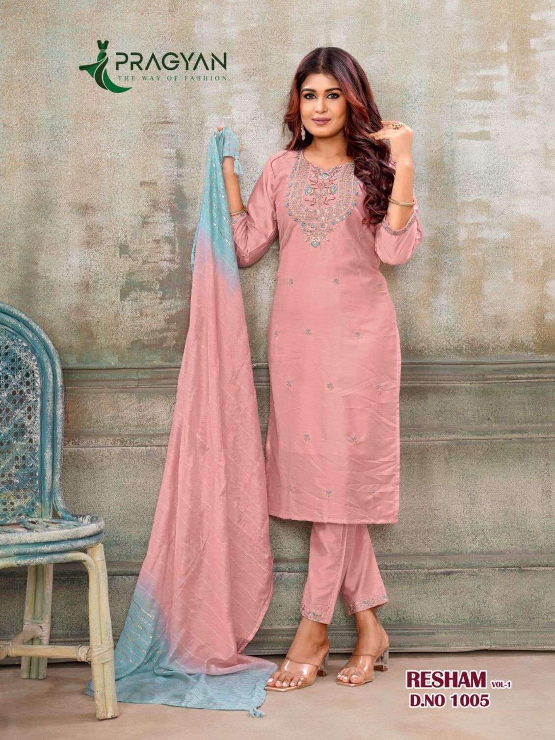 RESHAM VOL-1 BY PRAGYAN IN HEAVY CHANDERI FABRIC WITH FANCY EMBROIDERY WORK STREGHT CUT TOP