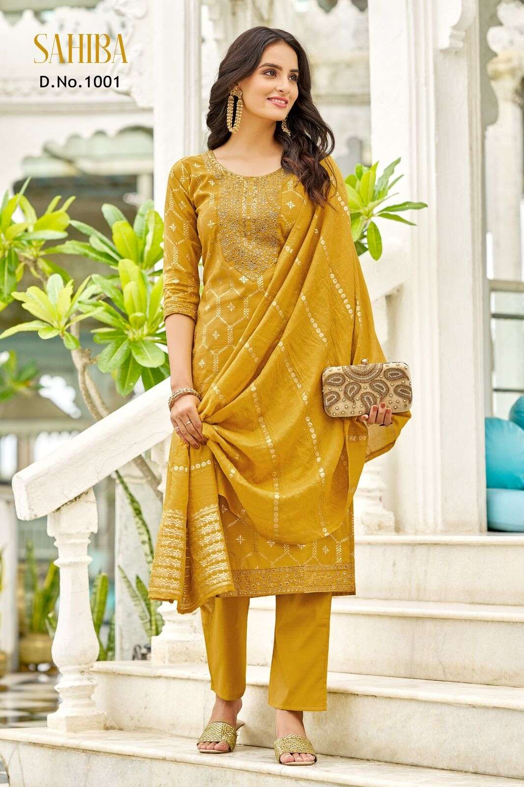 SAHIBA BY TEXOFAB IN  PURE VISCOSE SIMMER ROMAN WITH EMBROIDERY & FOIL PRINT