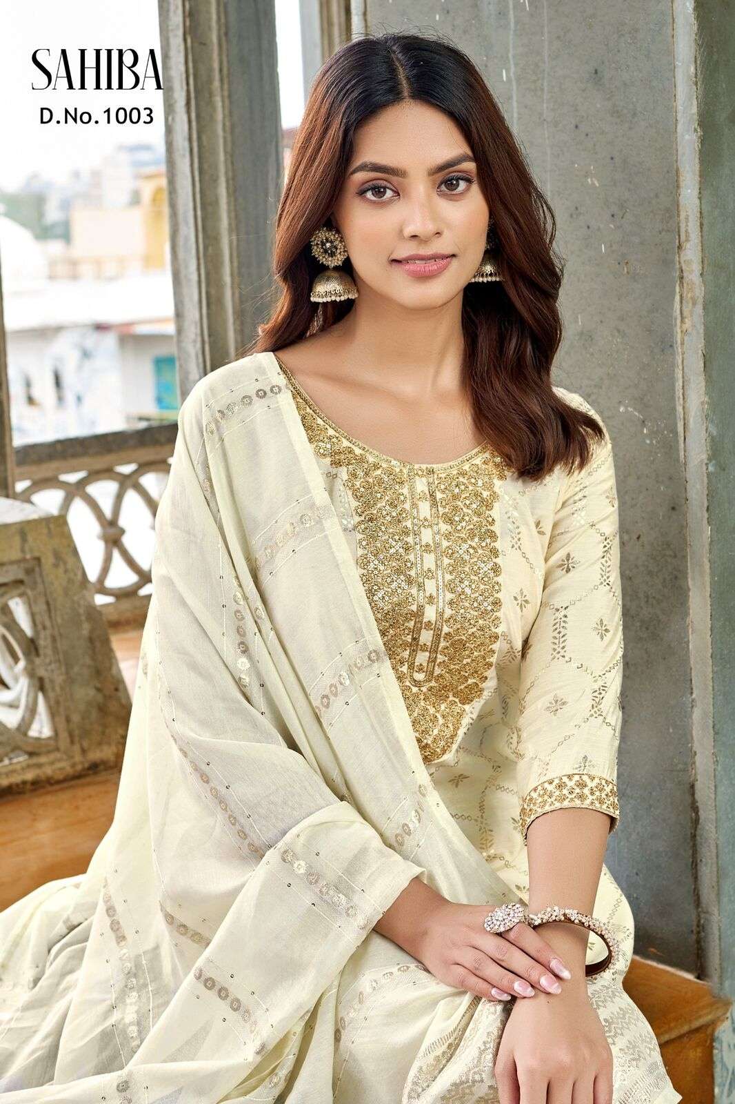 SAHIBA BY TEXOFAB IN  PURE VISCOSE SIMMER ROMAN WITH EMBROIDERY & FOIL PRINT