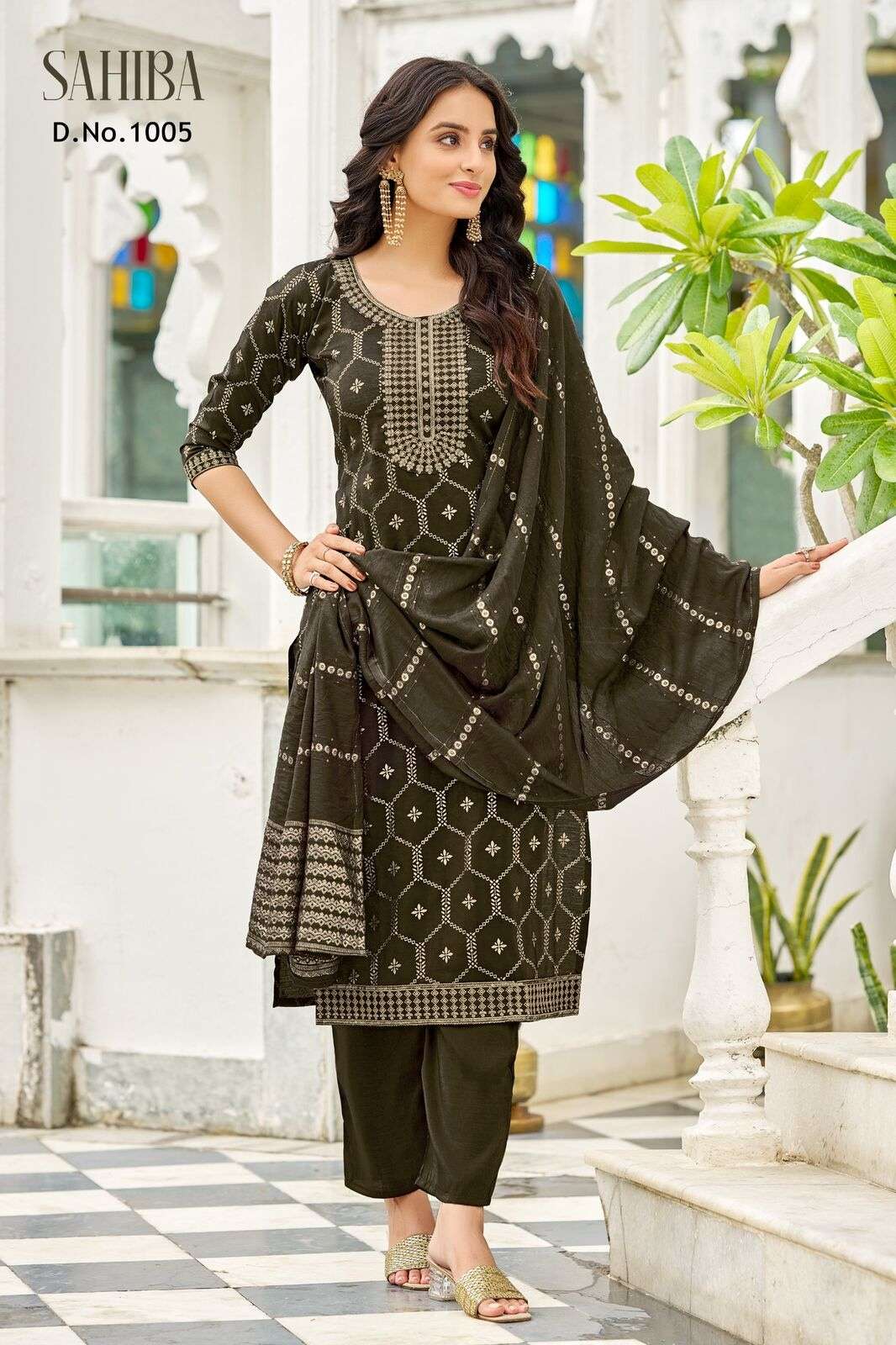SAHIBA BY TEXOFAB IN  PURE VISCOSE SIMMER ROMAN WITH EMBROIDERY & FOIL PRINT