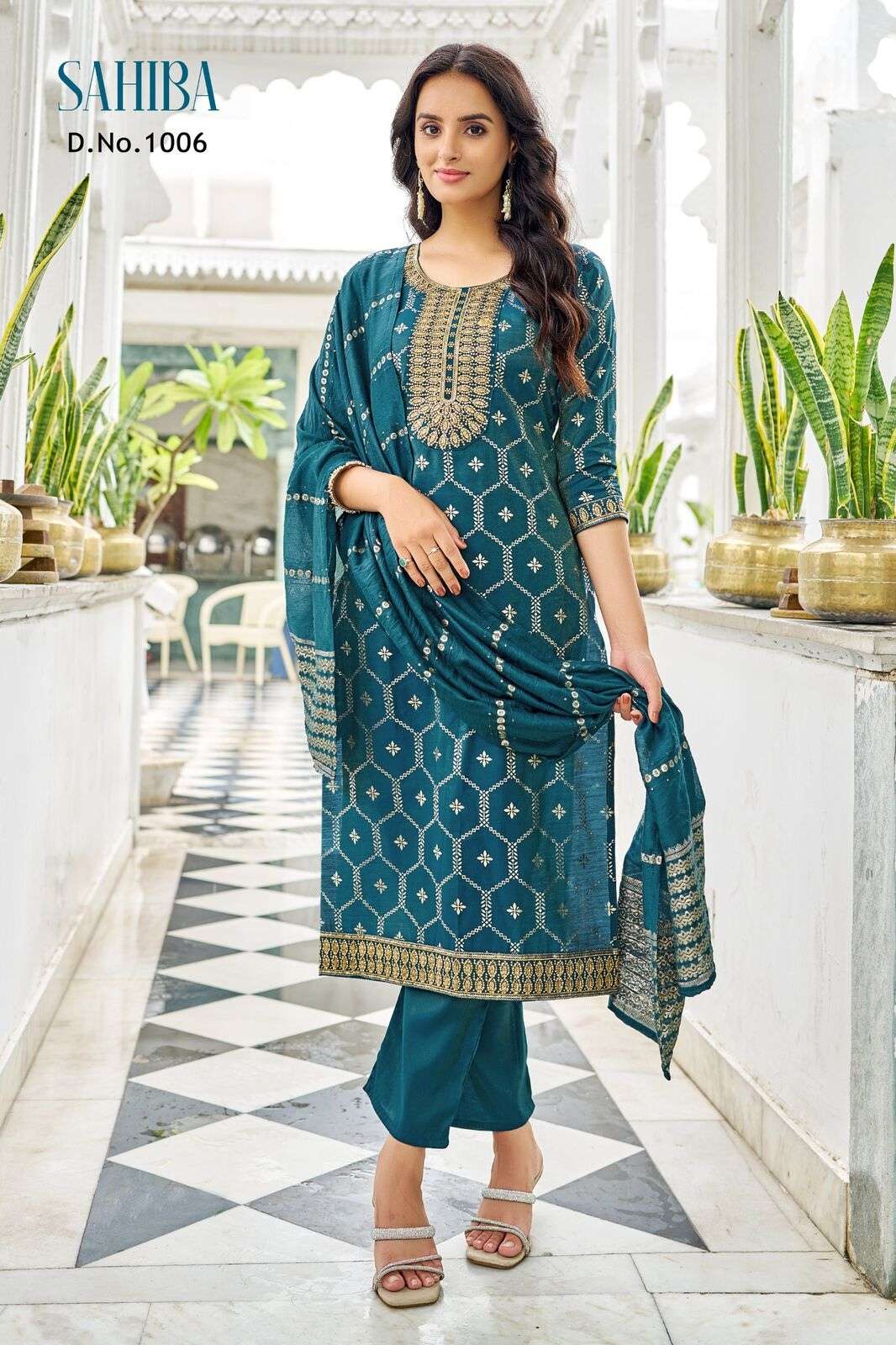 SAHIBA BY TEXOFAB IN  PURE VISCOSE SIMMER ROMAN WITH EMBROIDERY & FOIL PRINT