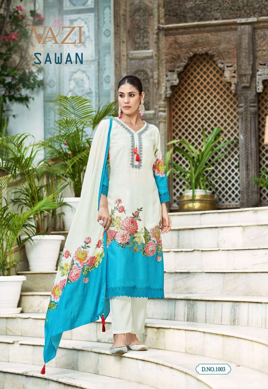 SAWAN BY VAZI FASHION IN PURE VISCOSE MUSLIN PRINT WITH DESGINER FANCY THERD WORK 